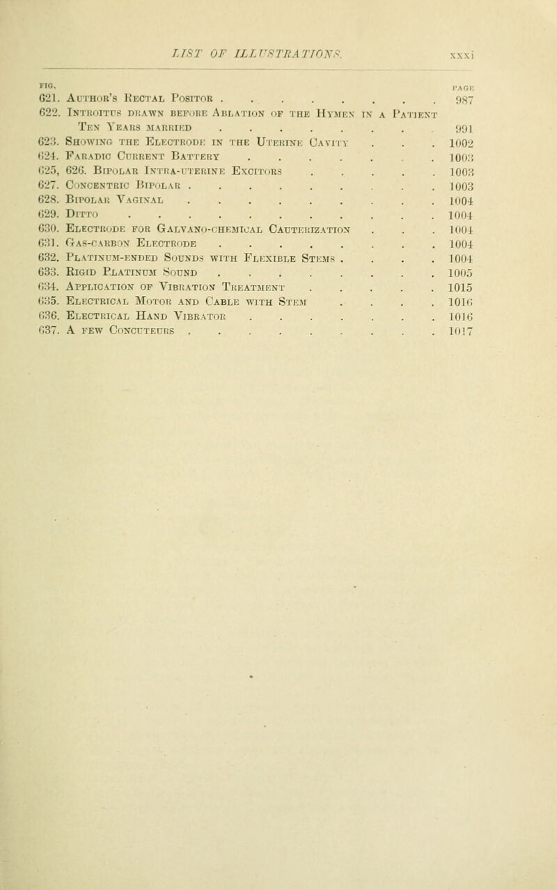 FIG, C21. Author's Rectal Positor ..... 622. Introitus draytn before Ablation of the IfyMKN ix Tex Years married ..... 623. Showino the Elkctrodk in the Uteuink Cavm v (;24. Faradic Current Battery .... 025, 626. Bipolar Intra-iterine Excitors 627. Concentric JIipolar ...... 628. Bipolar Vaginal ...... 629. Ditto 630. Electrode for Galvanu-chkmioal Cauterization 631. Gas-carbon Electrode ..... 6.S2. Tlatinum-ended Sounds with Flexible Ste.m.^ . 633. Rigid Platinum Sound ..... 634. Application op Vibration Treatment (;35. Electrical Motor and Cable with Steji (!36. Electrical Hand Vibrator .... 637. A FEW Concuteurs ...... A Patient 987 991 1002 1003 1003 1003 1004 1004 1004 1004 1004 1005 1015 lOli; I ok; 1M!7