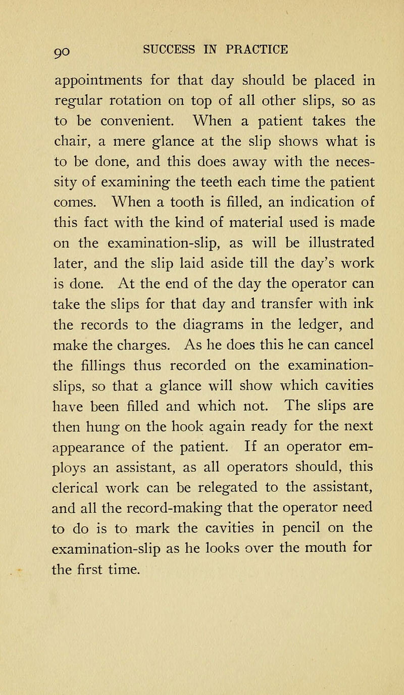 appointments for that day should be placed in regular rotation on top of all other slips, so as to be convenient. When a patient takes the chair, a mere glance at the slip shows what is to be done, and this does away with the neces- sity of examining the teeth each time the patient comes. When a tooth is filled, an indication of this fact with the kind of material used is made on the examination-slip, as will be illustrated later, and the slip laid aside till the day's work is done. At the end of the day the operator can take the slips for that day and transfer with ink the records to the diagrams in the ledger, and make the charges. As he does this he can cancel the fillings thus recorded on the examination- slips, so that a glance will show which cavities have been filled and which not. The slips are then hung on the hook again ready for the next appearance of the patient. If an operator em- ploys an assistant, as all operators should, this clerical work can be relegated to the assistant, and all the record-making that the operator need to do is to mark the cavities in pencil on the examination-slip as he looks over the mouth for the first time.