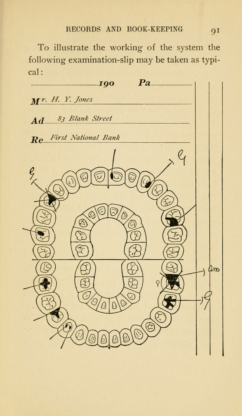 To illustrate the working' of the system the following examination-slip may be taken as typi- cal : igo Pa ]\^r. H. Y. Jones A^ 8J Blank Street T»a First National Bank