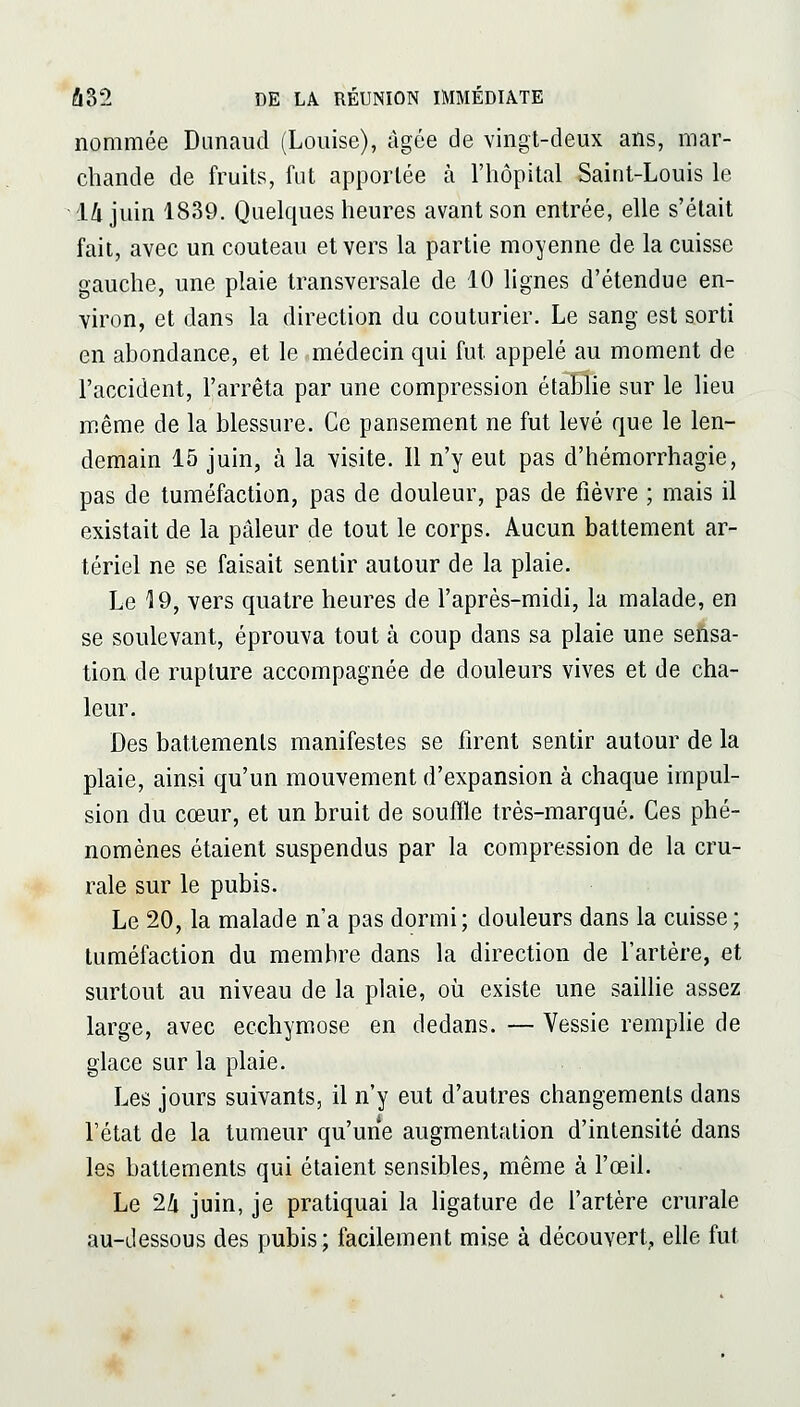 nommée Dunaud (Louise), âgée de vingt-deux ans, mar- chande de fruits, fut apportée à l'hôpital Saint-Louis le ■14 juin 1839. Quelques heures avant son entrée, elle s'était fait, avec un couteau et vers la partie moyenne de la cuisse gauche, une plaie transversale de 10 lignes d'étendue en- viron, et dans la direction du couturier. Le sang est sorti en abondance, et le médecin qui fut appelé au moment de l'accident, l'arrêta par une compression étaEîie sur le lieu même de la blessure. Ce pansement ne fut levé que le len- demain 15 juin, à la visite. Il n'y eut pas d'hémorrhagie, pas de tuméfaction, pas de douleur, pas de fièvre ; mais il existait de la pâleur de tout le corps. Aucun battement ar- tériel ne se faisait sentir autour de la plaie. Le 19, vers quatre heures de l'après-midi, la malade, en se soulevant, éprouva tout à coup dans sa plaie une sensa- tion de rupture accompagnée de douleurs vives et de cha- leur. Des battements manifestes se firent sentir autour de la plaie, ainsi qu'un mouvement d'expansion à chaque impul- sion du cœur, et un bruit de souffle très-marqué. Ces phé- nomènes étaient suspendus par la compression de la cru- rale sur le pubis. Le 20, la malade n'a pas dormi; douleurs dans la cuisse ; tuméfaction du membre dans la direction de l'artère, et surtout au niveau de la plaie, où existe une sailhe assez large, avec ecchymose en dedans. — Vessie remphe de glace sur la plaie. Les jours suivants, il n'y eut d'autres changements dans l'état de la tumeur qu'une augmentation d'intensité dans les battements qui étaient sensibles, même à l'œil. Le 24 juin, je pratiquai la ligature de l'artère crurale au-dessous des pubis; facilement mise à découvert;, elle fut