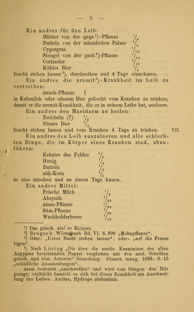 Ein andres für den Leib: Blätter von der qaqa')-Pflanze ^/^ Datteln von der männlichen Palme 7g Cypergras 7,^ Stengel von der /asit'')-Pflanze 7i6 Coriander 7i6 Kühles Bier 72 feucht stehen lassen^), durchseihen und 4 Tage einnehmen. Ein andres die uremif*)-Krankheit im Leib zu vertreiben: ännek-Pflanze 1 in Kuhmilch oder süssem Bier gekocht vom Kranken zu trinken, damit er die uremIt-Krankheit, die er in seinem Leibe hat, ausleere. Ein andres den Mastdarm zu heilen: Zwiebeln (?) ^/^ Süsses Bier ^s feucht stehen lassen und vom Kranken 4 Tage zu trinken. Vll. Ein andres den Leib auszuleeren und alle schlech- ten Dinge, die im Körper eines Kranken sind, abzu- führen: Kräuter des Feldes Yg Honig 7g Datteln 73 uäh-Korn ^/^ in eins mischen und an einem Tage kauen. Ein andres Mittel: Frische Milch Yg Absynth 732 ääam-Pflanze 732 öäm-Pflanze 732 Wachholderbeere V,^ ' 1 b ^) Das griech. xiv-i = Ricinus. 2) Brugsch. Wörterbuch Bd. YL S. 896 „Mohnpflanze. ^) Oder: „Ueber Nacht stehen lassen; oder: „auf die Presse legen. ^) Nach Luring „Die über die medic. Kenntnisse der alten Aegypter berichtenden Papyri verglichen mit den med. Schriften griech. und röm. Autoren Strassburg. Dissert, inaug. 1888. S. 15 „schädliche Ansammlungen. Urem bedeutet „anschwellen und wird vom Steigen des Nils gesagt; vielleicht handelt es sich bei dieser Krankheit um Anschwel- lung des Leibes: Ascites, Hydrops abdominis.