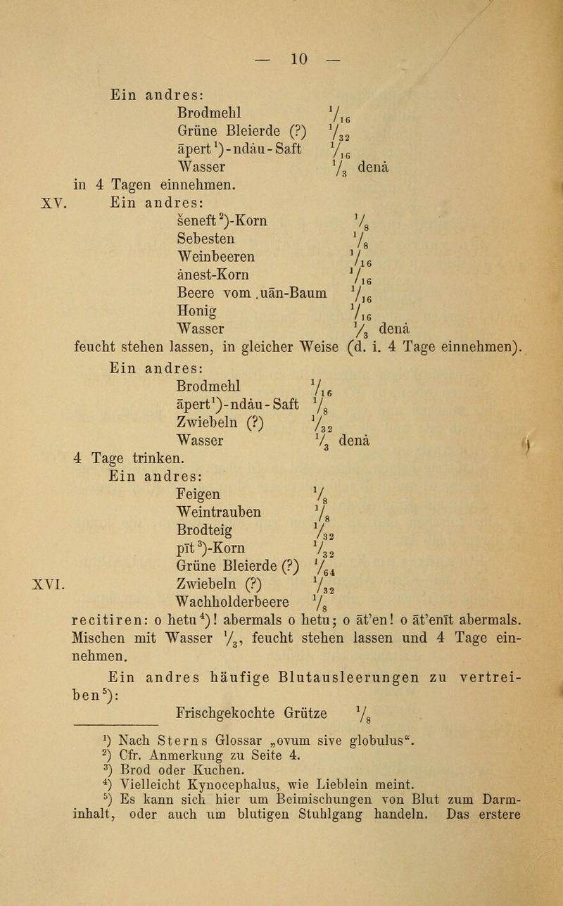 Ein andres: Brodmehl '/,e Grüne Bleierde (?) V '32 äpert^)-ndäu-Saft Wasser /g denä in 4 Tagen einnehmen. XV. Ein andres: seneft ^)-Korn Vs Sehesten V Weinheeren Vxe änest-Korn V,: Beere vom. uän-Baum V,e Honig Wasser y, denä feucht stehen lassen, in gleicher Weise (d. i. 4 Tage einnehmen) Ein andres: Brodmehl V,. \ äpert')-ndäu-Saft Zwieheln (?) Wasser /32 V, denä XVI. 4 Tage trinken. Ein andres: Feigen Weintrauhen V, Vs Brodteig pit ^)-Korn Grüne Bleierde (?) /32 V '32 Zwiebeln (?) Wachholderbeere Y /32 V, recitiren: o hetu*)! abermals o hetuj 0 at'en! o at'enit abermals Mischen mit Wasser Yg, feucht stehen lassen und 4 Tage ein- nehmen. Ein andres häufige Bl utausleerungen zu vertrei- hen=): Frischgekochte Grütze Yg ') ^) Nach Sterns Glossar „OYum sive globulus. 2) Cfr. Anmerkung zu Seite 4. 2) Brod oder Kuchen. ^) Vielleicht Kynocephalus, wie Lieblein meint. ^) Es kann sieh hier um Beimischungen von Blut zum Darm- inhalt, oder auch um blutigen Stuhlgang handeln. Das erstere