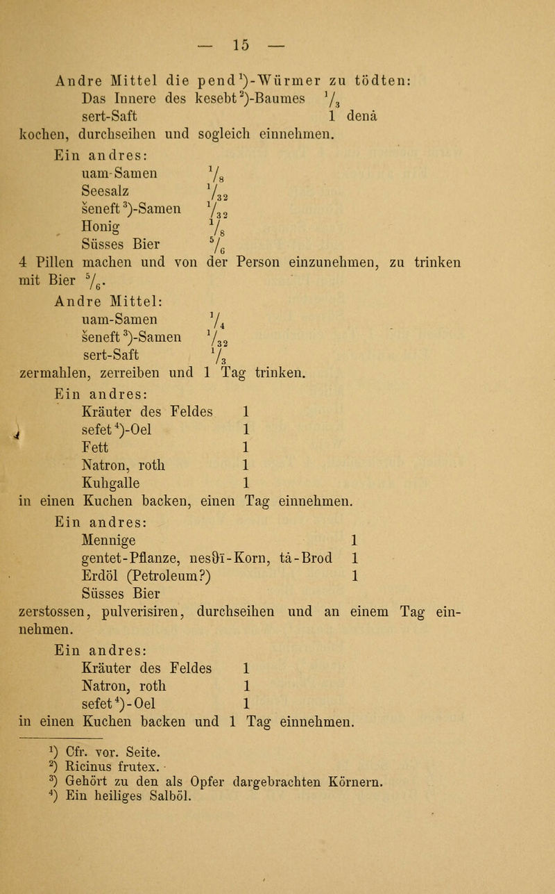 Andre Mittel die pend^)-Würmer zu tödten: Das Innere des kesebt^)-Baumes 7.3 sert-Saft 1 denä kochen, durchseihen und sogleich einnehmen. Ein andres: uam-Samen Yg Seesalz j^^ seneft ^)-Samen Y^^ Honig Vj Süsses Bier Yg 4 Pillen machen und von der Person einzunehmen, zu trinken mit Bier Yg. Andre Mittel: uam-Samen Y4 seneft ^)-Samen Y32 sert-Saft Ys zermahlen, zerreiben und 1 Tag trinken. Ein andres: Kräuter des Feldes 1 ^ sefef')-Oel 1 Fett 1 Natron, roth 1 Kuhgalle 1 in einen Kuchen hacken, einen Tag einnehmen. Ein andres: Mennige 1 gentet-Pflanze, nesöl-Korn, tä-Brod 1 Erdöl (Petroleum?) 1 Süsses Bier zerstossen, pulverisiren, durchseihen und an einem Tag ein- nehmen. Ein andres: Kräuter des Feldes 1 Natron, roth 1 sefet*)-Oel 1 in einen Kuchen backen und 1 Tag einnehmen. 1) Cfr. vor. Seite. ^) Ricinus frutex. ^) Gehört zu den als Opfer dargebrachten Körnern, ^) Ein heiliges Salböl.