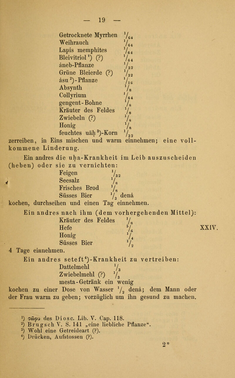 Getrocknete Myrrhen y^^ Weihraucli Yei Lapis mempliites 7g ^ Blei Vitriol') (?) '/,, äneb-Pflanze Y32 Grüne Bleierde (?) Ygg asu^)-Pflanze Y16 Absynth Ys Collyrium Vei gengent-Bohne Ys Kräuter des Feldes Yg Zwiebeln (?) Ys Honig Ys feuchtes uah^)-Korn Y32 zerreiben, in Eins mischen und warm einnehmen; eine voll- kommene Linderung. Ein andres die uha-Krankheit im Leib auszuscheiden (heben) oder sie zu vernichten: Feigen Y32 ( Seesalz Ys Frisches Brod Ys Süsses Bier Y3 ^^^^ kochen, durchseihen und einen Tag einnehmen. Ein andres nach ihm (dem vorhergehenden Mittel): Kräuter des Feldes Ys Hefe Vg XXIV. Honig Y4 Süsses Bier Y2 4 Tage einnehmen. Ein andres seteft*)-Krankheit zu vertreiben: Dattelmehl Y3 Zwiebelmehl (?) Y3 mesta-Getränk ein wenig kochen zu einer Dose von Wasser Y2 denä; dem Mann oder der Frau warm zu geben; vorzüglich um ihn gesund zu machen. 4 ^) atüpu des Diese. Lib. V. Cap. 118. '^) Briigsch V. S. 141 „eine liebliche Pflanze. 2) Wohl eine Getreideart (?). ■*) Drücken, Äiifstossen (?). 2*