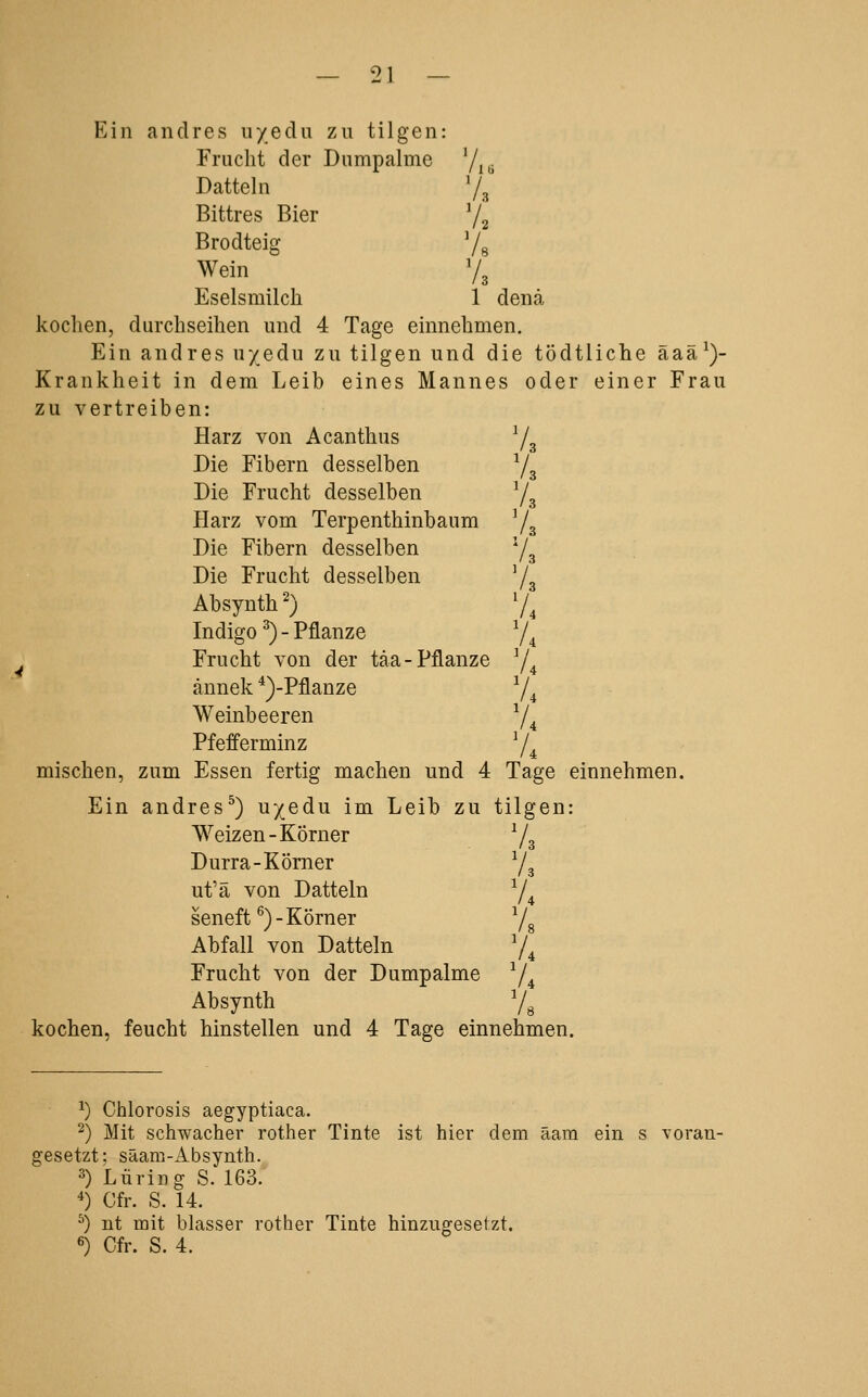 Ein andres uyedu zu tilgen: Frucht der Dnmpalme Yj^ Datteln '/g Bittres Bier 72 Brodteig Ys Wein V3 Eselsmilch 1 dena kochen, durchseihen und 4 Tage einnehmen. Ein andres u/edu zu tilgen und die tödtliche äaä^)- Krankheit in dem Leib eines Mannes oder einer Frau zu vertreiben: Harz von Acanthus Y3 Die Fibern desselben Y^ Die Frucht desselben Y3 Harz vom Terpenthinbanm Y3 Die Fibern desselben Y3 Die Frucht desselben Y3 Absynth') Y4 Indigo ^ - Pflanze Y4 Frucht von der täa-Pflanze Y4 ännek *)-Pflanze Y4 Weinbeeren Y4 Pfefferminz Y4 mischen, zum Essen fertig machen und 4 Tage einnehmen. Ein andres^) u'/edu im Leib zu tilgen: Weizen-Körner Y3 Durra-Körner Y3 ut'ä von Datteln Y^ seneft ^)-Körner Yg Abfall von Datteln Y4 Frucht von der Dumpalme Y4 Absynth Yg kochen, feucht hinstellen und 4 Tage einnehmen. 4 ^) Chlorosis aegyptiaca. 2) Mit schwacher rother Tinte ist hier dem äara ein s voran- gesetzt; säam-Absynth. 3) Luring S. 163. ') Cfr. S. 14. ^) nt mit blasser rother Tinte hinzugesetzt. «) Cfr. S. 4.