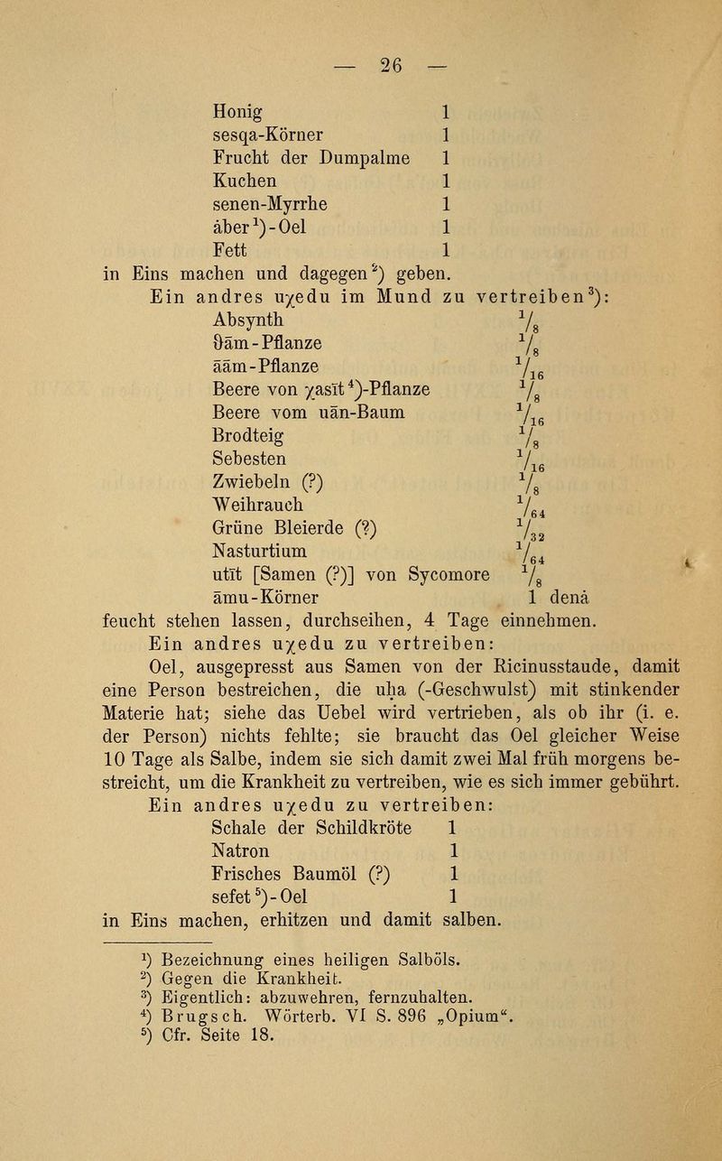 Honig sesqa-Körner Frucht der Dumpalme Kuchen senen-Myrrhe äber^)-Oel Fett in Eins machen und dagegen''*) geben. Ein andres Uy^edu im Mund zu vertreiben^): Absynth -^/^ Oäm-Pflanze Ys ääm-Pflanze L^ Beere von yasit ^)-Pflanze Yg Beere vom uän-Baum ^A^ Brodteig /^ Sebesten Yie Zwiebeln (?) 7^ Weihrauch ^j^^ Grüne Bleierde (?) Vg^ Nasturtium ^L, I 64 utit [Samen (?)] von Sycomore /g ämu-Körner 1 denä feucht stehen lassen, durchseihen, 4 Tage einnehmen. Ein andres uyedu zu vertreiben: Oel, ausgepresst aus Samen von der Ricinusstaude, damit eine Person bestreichen, die uha (-Geschwulst) mit stinkender Materie hat; siehe das Uebel wird vertrieben, als ob ihr (i. e. der Person) nichts fehlte; sie braucht das Oel gleicher Weise 10 Tage als Salbe, indem sie sich damit zwei Mal früh morgens be- streicht, um die Krankheit zu vertreiben, wie es sich immer gebührt. Ein andres u/edu zu vertreiben: Schale der Schildkröte 1 Natron 1 Frisches Baumöl (?) 1 sefet')-Oel 1 in Eins machen, erhitzen und damit salben. ^) Bezeichnung eines heiligen Salböls. '^) Gegen die Krankheit. 2) Eigentlich: abzuwehren, fernzuhalten. ^) Brugsch. Wörterb. VI S. 896 „Opium«. ^) Cfr. Seite 18.
