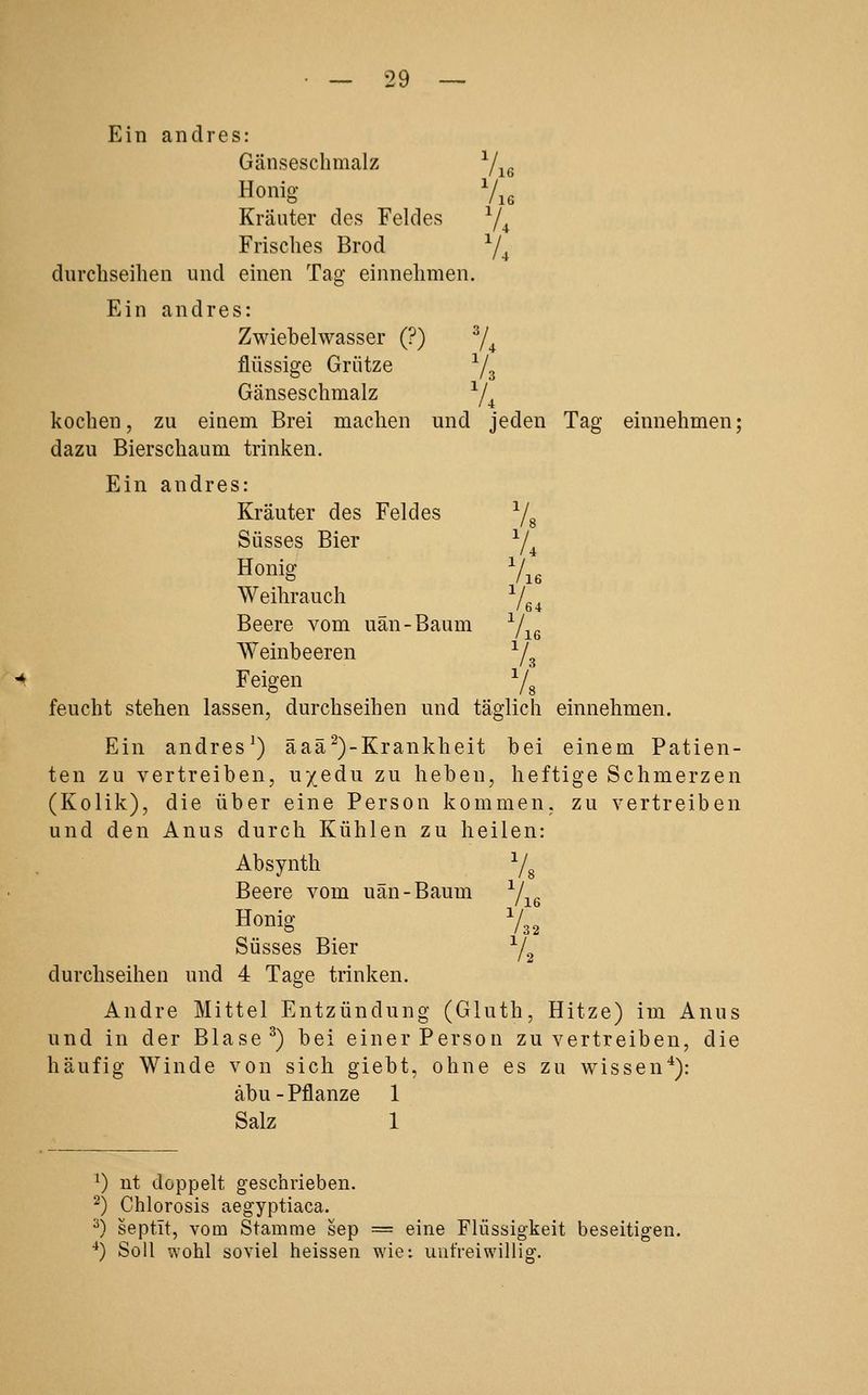 Ein andres: Gänseschmalz Y^g Honig Vjg Kräuter des Feldes ^/^ Frisches Brod Y4 durchseihen und einen Tag einnehmen. Ein andres: Zwiebelwasser (?) ^4 flüssige Grütze Ys Gänseschmalz Y4 kochen, zu einem Brei machen und jeden Tag einnehmen; dazu Bierschaum trinken. Ein andres: Kräuter des Feldes Yg Süsses Bier Y4 Honig Y16 Weihrauch Yei Beere vom uän-Baum ^L^ Weinbeeren ^/^ Feigen ^/g feucht stehen lassen, durchseihen und täglich einnehmen. Ein andres^) äaä^)-Krankheit bei einem Patien- ten zu vertreiben, u/edu zu heben, heftige Schmerzen (Kolik), die über eine Person kommen, zu vertreiben und den Anus durch Kühlen zu heilen: Absynth Yg Beere vom uän-Baum Yie Honig Y32 Süsses Bier Y2 durchseihen und 4 Tage trinken. Andre Mittel Entzündung (Gluth, Hitze) im Anus und in der Blase ^) bei einer Person zu vertreiben, die häufig Winde von sich giebt, ohne es zu wissen*): äbu - Pflanze 1 Salz 1 ^) nt doppelt geschrieben. ^) Chlorosis aegyptiaca. ^) septit, vom Stamme sep = eine Flüssigkeit beseitigen. ^) Soll wohl soviel heissen wie: unfreiwillig.