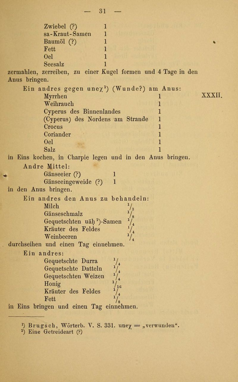 Zwiebel (?) sa-Kraut-Samen Baumöl (?) Fett Oel Seesalz zermahlen, zerreiben, zu einer Kugel formen und 4 Tage in den Anus bringen. Ein andres gegen une/^) (Wunde?) am Anus: XXXII. Myrrhen Weihrauch Cyperus des Binnenlandes (Cyperus) des Nordens am Strande Crocus Coriander Oel Salz in Eins kochen, in Charpie legen und in den Anus bringen Andre Mittel: Gänseeier (?) 1 Gänseeingeweide (?) 1 in den Anus bringen. Ein andres den Anus zu beh andeln: Milch Vs Gänseschmalz V, Gequetschten uäh ^)-Samen Kräuter des Feldes Weinbeeren V durchseihen und einen Tag einnehmen. Ein andres: Gequetschte Durra ^/^ Gequetschte Datteln ^/^ Gequetschten Weizen ^/^ Honig Vi6 Kräuter des Feldes ^/^ Fett V3 in Eins bringen und einen Tag einnehmen. ^) Brugsch, Wörterb. V. S. 331. uney_ = „verwunden. 2) Eine Getreideart (?)
