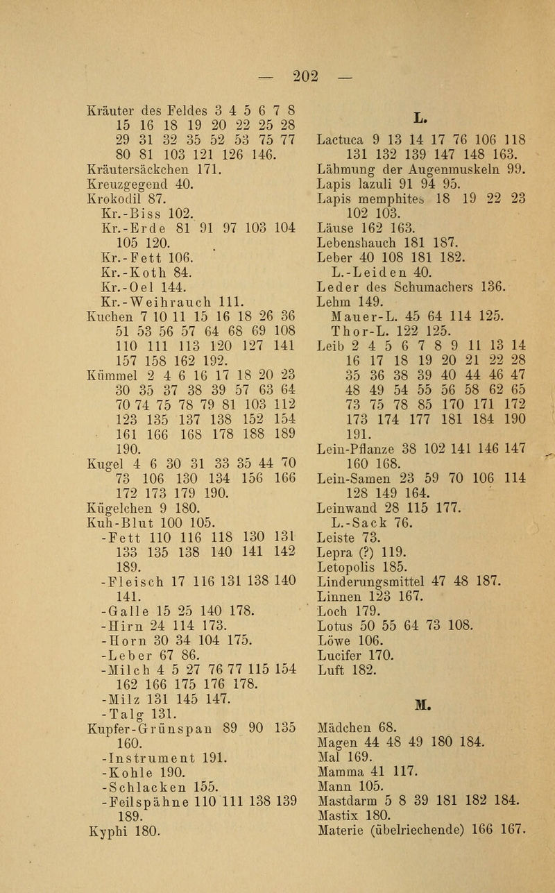 Kräuter des Feldes 3 4 5 6 7 8 15 16 18 19 20 22 25 28 29 31 32 35 52 53 75 77 80 81 103 121 126 146. Kräuters äckchen 171. Kreuzgegend 40. Krokodil 87. Kr.-Biss 102. Kr.-Erde 81 91 97 103 104 105 120. Kr.-Fett 106. Kr.-Koth 84. Kr.-Oel 144. Kr.-Weihrauch 111. Kuchen 7 10 11 15 16 18 26 36 51 53 56 57 64 68 69 108 110 111 113 120 127 141 157 158 162 192. Kümmel 2 4 6 16 17 18 20 23 30 35 37 38 39 57 63 64 70 74 75 78 79 81 103 112 123 135 137 138 152 154 ■ 161 166 168 178 188 189 190. Kugel 4 6 30 31 33 35 44 70 73 106 130 134 156 166 172 173 179 190. Kügelchen 9 180. Kuh-Blut 100 105. -Fett 110 116 118 130 131 133 135 138 140 141 142 189. -Fleisch 17 116 131 138 140 141. -Galle 15 25 140 178. -Hirn 24 114 173. -Horn 30 34 104 175. -Leber 67 86. -Milch 4 5 27 76 77 115 154 162 166 175 176 178. -Milz 131 145 147. -Talg 131. Kupfer-Grünspan 89 90 135 160. -Instrument 191. -Kohle 190. -Schlacken 155. -Feilspähne 110 111 138 139 189. Kyphi 180. L. Lactuca 9 13 14 17 76 106 118 131 132 139 147 148 163. Lähmung der Augenmuskeln 99. Lapis lazuli 91 94 95. Lapis memphite:, 18 19 22 23 102 103. Läuse 162 163. Lebenshauch 181 187. Leber 40 108 181 182. L.-Leiden 40. Leder des Schumachers 136. Lehm 149. Mauer-L. 45 64 114 125. Thor-L. 122 125. Leib 2 4 5 6 7 8 9 11 13 14 16 17 18 19 20 21 22 28 35 36 38 39 40 44 46 47 48 49 54 55 56 58 62 65 73 75 78 85 170 171 172 173 174 177 181 184 190 191. Lein-Pflanze 38 102 141 146 147 160 168. Lein-Samen 23 59 70 106 114 128 149 164. Leinwand 28 115 177. L.-Sack 76. Leiste 73. Lepra (?) 119. Letopolis 185. Linderungsmittel 47 48 187. Linnen 123 167. Loch 179. Lotus 50 55 64 73 108. Löwe 106. Lucifer 170. Luft 182. M. Mädchen 68. Magen 44 48 49 180 184. Mal 169. Mamma 41 117. Mann 105. Mastdarm 5 8 39 181 182 184. Mastix 180. Materie (übelriechende) 166 167.