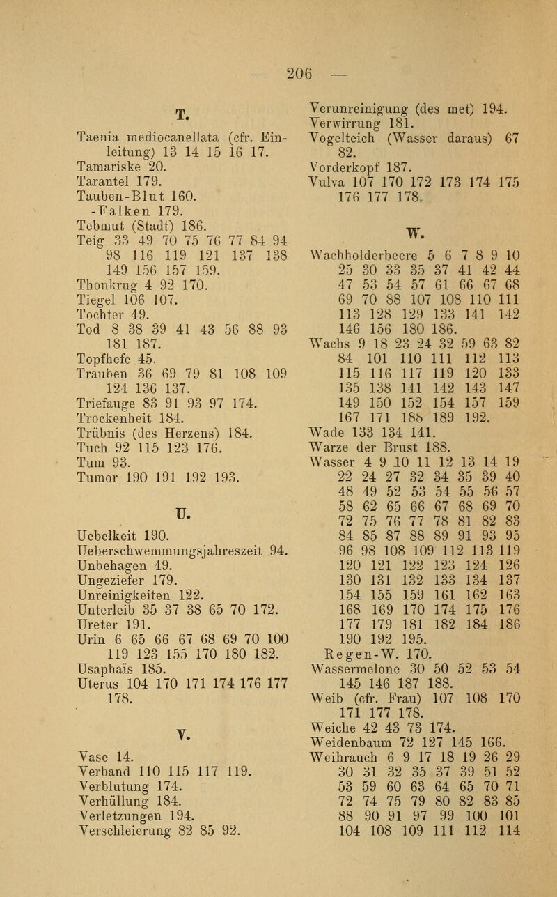 T. Taenia mediocanellata (cfr. Ein- leiUmg) 13 14 15 16 17. Tamariske 20. Tarantel 179. Tauben-Blut 160. -Falken 179. Tebmut (Stadt) 186. Teig 33 49 70 75 76 77 84 94 98 116 119 121 137 138 149 156 157 1.59. Thonkrug 4 92 170. Tiegel 106 107. Tochter 49. Tod 8 38 39 41 43 56 88 93 181 187. Topfhefe 45. Trauben 36 69 79 81 108 109 124 136 137. Triefauge 83 91 93 97 174. Trockenheit 184. Trübnis (des Herzens) 184. Tuch 92 115 123 176. Tum 93. Tumor 190 191 192 193. U. üebelkeit 190. Ueberschwemmungsjahreszeit 94. Unbehagen 49. Ungeziefer 179. Unreinigkeiten 122. Unterleib 35 37 38 65 70 172. Ureter 191. Urin 6 65 66 67 68 69 70 100 119 123 155 170 180 182. Usaphais 185. Uterus 104 170 171 174 176 177 178. V. Vase 14. Verband* 110 115 117 119. Verblutung 174. Verhüllung 184. Verletzungen 194. Verschleierung 82 85 92. Verunreinigung (des met) 194. Verwirrung 181. Vogelteich (Wasser daraus) 67 82. Vorderkopf 187. Vulva 107 170 172 173 174 175 176 177 178. W. Wachholderbeere 5 6 7 8 9 10 25 30 33 35 37 41 42 44 47 53 54 57 61 66 67 68 69 70 88 107 108 110 111 113 128 129 133 141 142 146 156 180 186. Wachs 9 18 23 24 32 59 63 82 84 101 110 111 112 113 115 116 117 119 120 133 135 138 141 142 143 147 149 150 152 154 157 159 167 171 188 189 192. Wade 133 134 141. Warze der Brust 188. Wasser 4 9 .10 11 12 13 14 19 22 24 27 32 34 35 39 40 48 49 52 53 54 55 56 57 58 62 65 66 67 68 69 70 72 75 76 77 78 81 82 83 84 85 87 88 89 91 93 95 96 98 108 109 112 113 119 120 121 122 123 124 126 130 131 132 133 134 137 154 155 159 161 162 163 168 169 170 174 175 176 177 179 181 182 184 186 190 192 195. Regen-W. 170. Wassermelone 30 50 52 53 54 145 146 187 188. Weib (cfr. Frau) 107 108 170 171 177 178. Weiche 42 43 73 174. Weidenbaum 72 127 145 166. Weihrauch 6 9 17 18 19 26 29 30 31 32 35 37 39 51 52 53 59 60 63 64 65 70 71 72 74 75 79 80 82 83 85 88 90 91 97 99 100 101 104 108 109 111 112 114