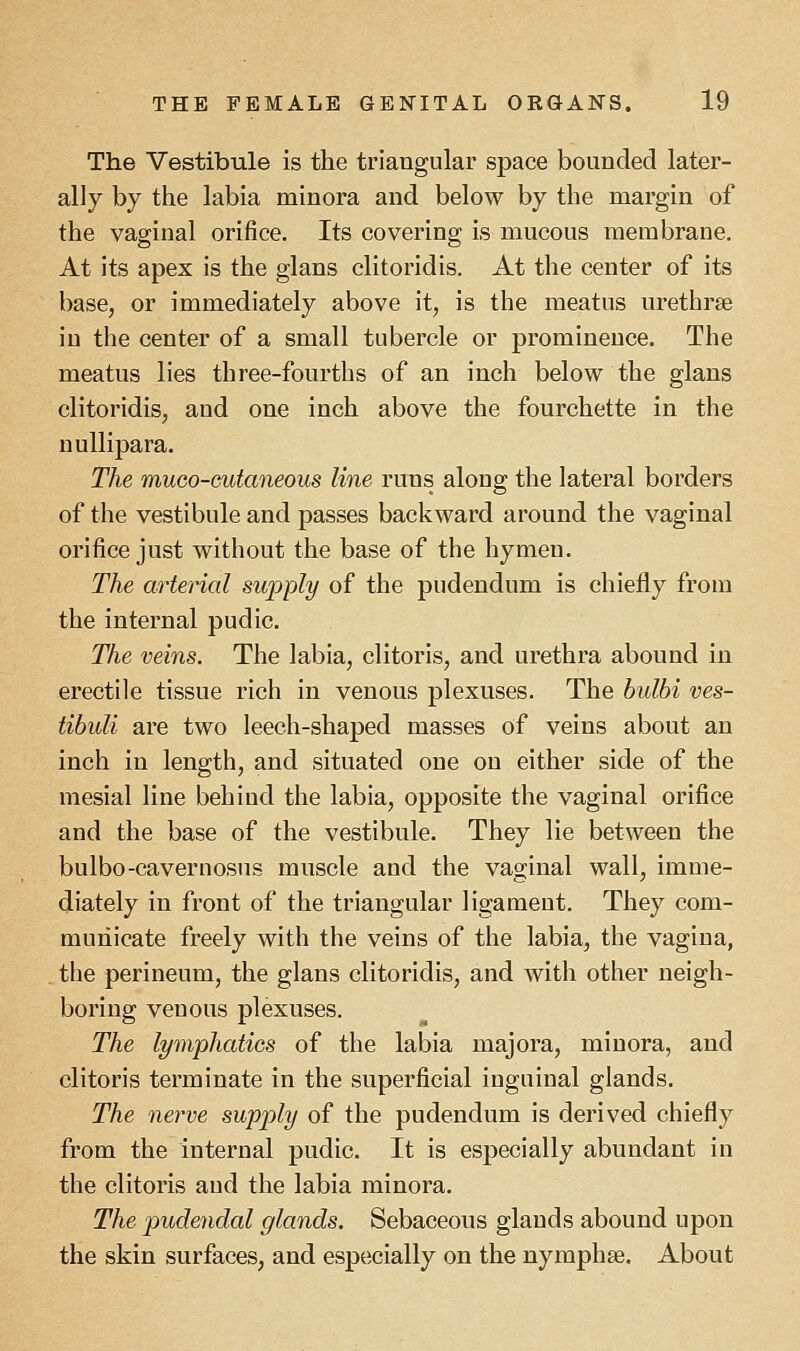 The Vestibule is the triangular space bounded later- ally by the labia minora and below by the margin of the vaginal orifice. Its covering is mucous membrane. At its apex is the glans clitoridis. At the center of its base, or immediately above it, is the meatus urethrse in the center of a small tubercle or prominence. The meatus lies three-fourths of an inch below the glans clitoridis, and one inch above the fourchette in the nullipara. The muco-cutaneous line ruus along the lateral borders of the vestibule and passes backward around the vaginal orifice just without the base of the hymen. The arterial supply of the pudendum is chiefly from the internal pudic. The veins. The labia, clitoris, and urethra abound in erectile tissue rich in venous plexuses. The bulbi ves- tibuli are two leech-shaped masses of veins about an inch in length, and situated one on either side of the mesial line behind the labia, opposite the vaginal orifice and the base of the vestibule. They lie between the bulbo-cavernosus muscle and the vaginal wall, imme- diately in front of the triangular ligament. They com- municate freely with the veins of the labia, the vagina, the perineum, the glans clitoridis, and with other neigh- boring venous plexuses. The lymphatics of the labia majora, minora, and clitoris terminate in the superficial inguinal glands. The nerve supply of the pudendum is derived chiefly from the internal pudic. It is especially abundant in the clitoris and the labia minora. The pudendal glands. Sebaceous glands abound upon the skin surfaces, and especially on the nymphse. About