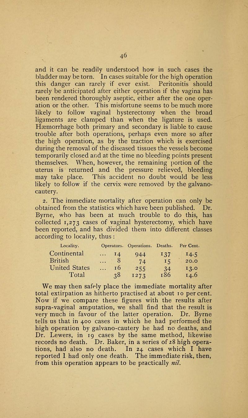 and it can be readily understood how in such cases the bladder may be torn. In cases suitable for the high operation this danger can rarely if ever exist. Peritonitis should rarely be anticipated after either operation if the vagina has been rendered thoroughly aseptic, either after the one oper- ation or the other. This misfortune seems to be much more likely to follow vaginal hysterectomy when the broad ligaments are clamped than when the ligature is used. Haemorrhage both primary and secondary is liable to cause trouble after both operations, perhaps even more so after the high operation, as by the traction which is exercised during the removal of the diseased tissues the vessels become temporarily closed and at the time no bleeding points present themselves. When, however, the remaining portion of the uterus is returned and the pressure relieved, bleeding may take place. This accident no doubt would be less likely to follow if the cervix were removed by the galvano- cautery. 2. The immediate mortality after operation can only be obtained from the statistics which have been published. Dr. Byrne, who has been at much trouble to do this, has collected 1,273 cases of vaginal hysterectomy, which have been reported, and has divided them into different classes according to locality, thus : Locality. Operators. Operations. Deaths. Per Cent. Continental .. 14 944 137 14-5 British .. 8 74 15 20.0 United States .. 16 255 34 13.0 Total 38 1273 186 14.6 We may then safely place the immediate mortality after total extirpation as hitherto practised at about 10 percent. Now if we compare these figures with the results after supra-vaginal amputation, we shall find that the result is very much in favour of the latter operation. Dr. Byrne tells us that in 400 cases in which he had performed the high operation by galvano-cautery he had no deaths, and Dr. Lewers, in 19 cases by the same method, likewise records no death. Dr. Baker, in a series of z8 high opera- tions, had also no death. In 24 cases which I have reported 1 had only one death. The immediate risk, then, from this operation appears to be practically nil.