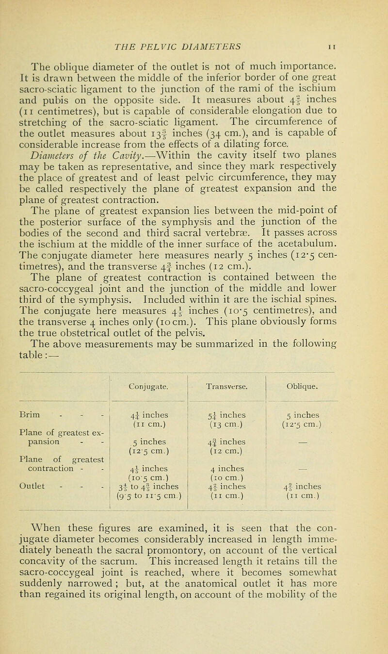 The oblique diameter of the outlet is not of much importance. It is drawn between the middle of the inferior border of one great sacro-sciatic ligament to the junction of the rami of the ischium and pubis on the opposite side. It measures about 4; inches (11 centimetres), but is capable of considerable elongation due to stretching of the sacro-sciatic ligament. The circumference of the outlet measures about 134 inches (34 cm.), and is capable of considerable increase from the effects of a dilating force. Diameters of the Cavity.—Within the cavity itself two planes may be taken as representative, and since they mark respectively the place of greatest and of least pelvic circumference, they may be called respectively the plane of greatest expansion and the plane of greatest contraction. The plane of greatest expansion lies between the mid-point of the posterior surface of the symphysis and the junction of the bodies of the second and third sacral vertebrae. It passes across the ischium at the middle of the inner surface of the acetabulum. The conjugate diameter here measures nearly 5 inches (12-5 cen- timetres), and the transverse 4f inches (12 cm.). The plane of greatest contraction is contained between the sacro-coccygeal joint and the junction of the middle and lower third of the symphysis. Included within it are the ischial spines. The conjugate here measures 4A inches (10-5 centimetres), and the transverse 4 inches only (10 cm.). This plane obviously forms the true obstetrical outlet of the pelvis. The above measurements may be summarized in the following table :— When these figures are examined, it is seen that the con- jugate diameter becomes considerably increased in length imme- diately beneath the sacral promontory, on account of the vertical concavity of the sacrum. This increased length it retains till the sacro-coccygeal joint is reached, where it becomes somewhat suddenly narrowed ; but, at the anatomical outlet it has more than regained its original length, on account of the mobility of the