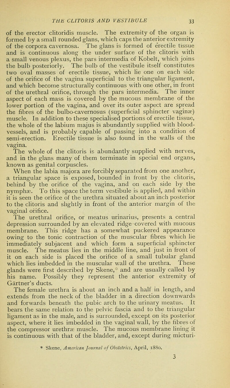of the erector clitoridis muscle. The extremity of the organ is formed by a small rounded glans, which caps the anterior extremity of the corpora cavernosa. The glans is formed of erectile tissue and is continuous along the under surface of the clitoris with a small venous plexus, the pars intermedia of Kobelt, which joins the bulb posteriorly. The bulb of the vestibule itself constitutes two oval masses of erectile tissue, which lie one on each side of the orifice of the vagina superficial to the triangular ligament, and which become structurally continuous with one other, in front of the urethral orifice, through the pars intermedia. The inner aspect of each mass is covered by the mucous membrane of the lower portion of the vagina, and over its outer aspect are spread the fibres of the bulbo-cavernosus (superficial sphincter vaginae) muscle. In addition to these specialised portions of erectile tissue, the whole of the labium majus is abundantly supplied with blood- vessels, and is probably capable of passing into a condition of semi-erection. Erectile tissue is also found in the walls of the vagina. The whole of the clitoris is abundantly supplied with nerves, and in the glans many of them terminate in special end organs, known as genital corpuscles. When the labia majora are forcibly separated from one another, a triangular space is exposed, bounded in front by the clitoris, behind by the orifice of the vagina, and on each side by the nymphae. To this space the term vestibule is applied, and within it is seen the orifice of the urethra situated about an inch posterior to the clitoris and slightly in front of the anterior margin of the vaginal orifice. The urethral orifice, or meatus urinarius, presents a central depression surrounded by an elevated ridge-covered with mucous membrane. This ridge has a somewhat puckered appearance owing to the tonic contraction of the muscular fibres which lie immediately subjacent and which form a superficial sphincter muscle. The meatus lies in the middle line, and just in front of it on each side is placed the orifice of a small tubular gland which lies imbedded in the muscular wall of the urethra. These glands were first described by Skene,* and are usually called by his name. Possibly they represent the anterior extremity of Gartner's ducts. The female urethra is about an inch and a half in length, and extends from the neck of the bladder in a direction downwards and forwards beneath the pubic arch to the urinary meatus. It bears the same relation to the pelvic fascia and to the triangular ligament as in the male, and is surrounded, except on its posterior aspect, where it lies imbedded in the vaginal wall, by the fibres of the compressor urethras muscle. The mucous membrane lining it is continuous with that of the bladder, and, except during micturi- * Skene, American Journal of Obstetrics, April, 1880.