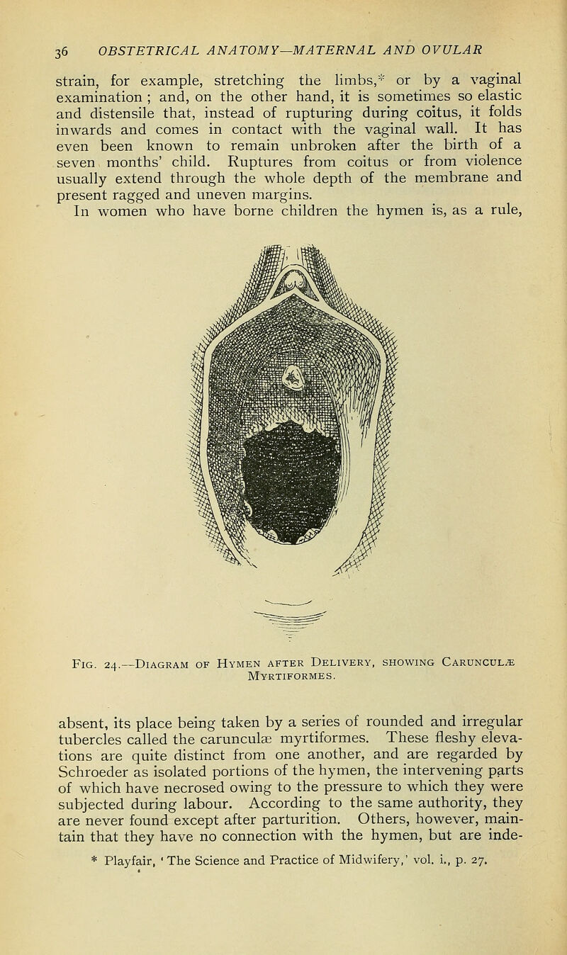 strain, for example, stretching the limbs,* or by a vaginal examination ; and, on the other hand, it is sometimes so elastic and distensile that, instead of rupturing during coitus, it folds inwards and comes in contact with the vaginal wall. It has even been known to remain unbroken after the birth of a seven months' child. Ruptures from coitus or from violence usually extend through the whole depth of the membrane and present ragged and uneven margins. In women who have borne children the hymen is, as a rule, Fig. 24.—Diagram of Hymen after Delivery, showing Caruncul^: Myrtiformes. absent, its place being taken by a series of rounded and irregular tubercles called the carunculae myrtiformes. These fleshy eleva- tions are quite distinct from one another, and are regarded by Schroeder as isolated portions of the hymen, the intervening parts of which have necrosed owing to the pressure to which they were subjected during labour. According to the same authority, they are never found except after parturition. Others, however, main- tain that they have no connection with the hymen, but are inde- * Playfair, ' The Science and Practice of Midwifery,' vol. L, p. 27.