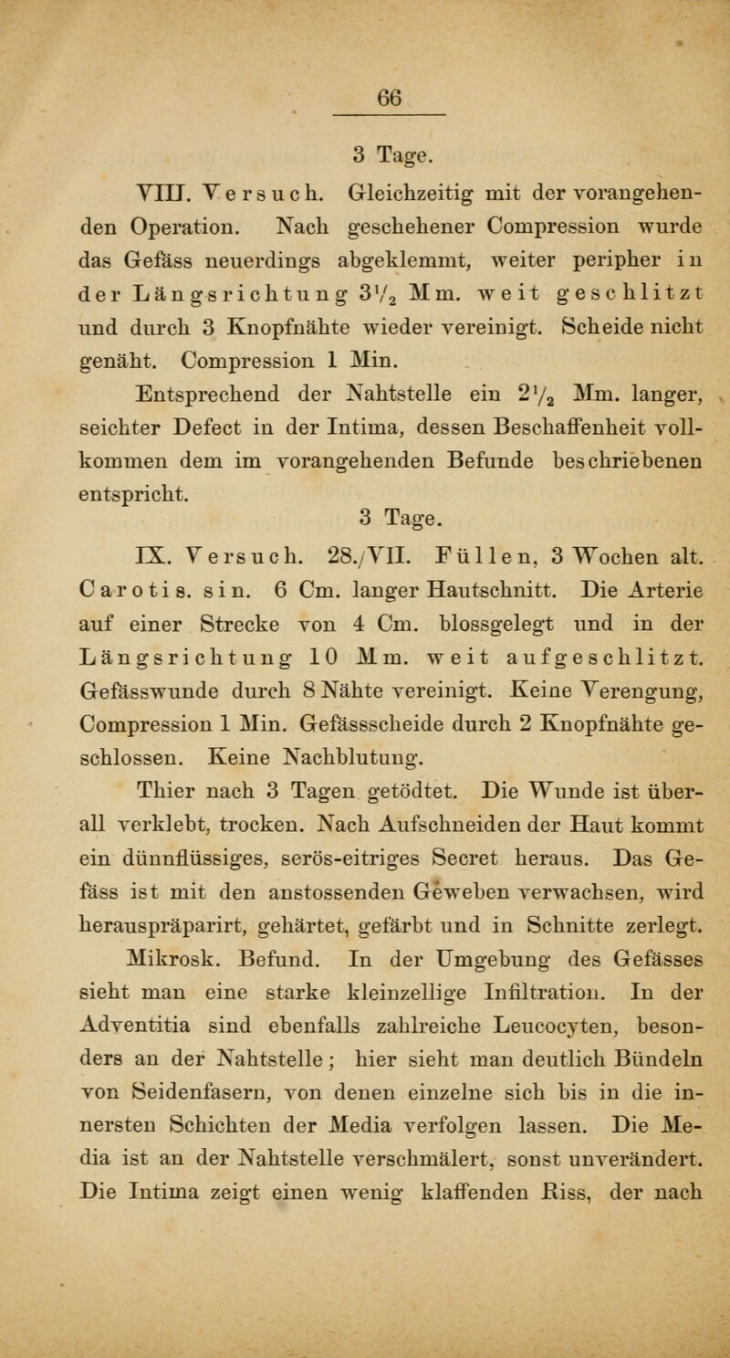 3 Tage. YIU. Y e r s u c h. Gleichzeitig mit der vorangehen- den Operation. Nach geschehener Compression wurde das Gefäss neuerdings abgeklemmt, weiter peripher in der Längsrichtung 3'/j Mm. weit geschlitzt und durch 3 Knopfnähte wieder vereinigt. Scheide nicht genäht. Compression 1 Min. Entsprechend der Nahtstelle ein 2'/2 Mm. langer, seichter Defect in der Intima, dessen Beschaffenheit voll- kommen dem im vorangehenden Befunde beschriebenen entspricht. 3 Tage. IX. Versuch. 28./yiI. Füllen, 3 Wochen alt. Carotis, sin. 6 Cm. langer Hautschnitt. Die Arterie auf einer Strecke von 4 Cm. blossgelegt und in der Längsrichtung 10 Mm. weit aufgeschlitzt. Gefässwunde durch 8 Nähte vereinigt. Keine Yerengung, Compression 1 Min. Gefässscheide durch 2 Knopfnähte ge- schlossen. Keine Nachblutung. Thier nach 3 Tagen getödtet. Die Wunde ist über- all verklebt, trocken. Nach Aufschneiden der Haut kommt ein dünnflüssiges, serös-eitriges Secret heraus. Das Ge- fäss ist mit den anstossenden Geweben verwachsen, wird herauspräparirt, gehärtet, gefärbt und in Schnitte zerlegt. Mikrosk. Befund. In der Umgebung des Gefässes sieht mau eine starke kleinzellige Infiltration. In der Adventitia sind ebenfalls zahlreiche Leucocyten, beson- ders au der Nahtstelle; hier sieht man deutlich Bündeln von Seidenfasern, von denen einzelne sich bis in die in- nersten Schichten der Media verfolgen lassen. Die Me- dia ist an der Nahtstelle verschmälert, sonst unverändert. Die Intima zeigt einen wenig klaffenden Riss, der nach