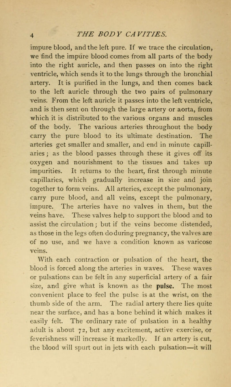 impure blood, and the left pure. If we trace the circulation, we find the impure blood comes from all parts of the body into the right auricle, and then passes on into the right ventricle, which sends it to the lungs through the bronchial artery. It is purified in the lungs, and then comes back to the left auricle through the two pairs of pulmonary veins. From the left auricle it passes into the left ventricle, and is then sent on through the large artery or aorta, from which it is distributed to the various organs and muscles of the body. The various arteries throughout the body carry the pure blood to its ultimate destination. The arteries get smaller and smaller, and end in minute capill- aries ; as the blood passes through these it gives off its oxygen and nourishment to the tissues and takes up impurities. It returns to the heart, first through minute capillaries, which gradually increase in size and join together to form veins. All arteries, except the pulmonary, carry pure blood, and all veins, except the pulmonary, impure. The arteries have no valves in them, but the veins have. These valves help to support the blood and to assist the circulation; but if the veins become distended, as those in the legs often do during pregnancy, the valves are of no use, and we have a condition known as varicose veins. With each contraction or pulsation of the heart, the blood is forced along the arteries in waves. These waves or pulsations can be felt in any superficial artery of a fair size, and give what is known as the pulse. The most convenient place to feel the pulse is at the wrist, on the thumb side of the arm. The radial artery there lies quite near the surface, and has a bone behind it which makes it easily felt. The ordinary rate of pulsation in a healthy adult is about 72, but any excitement, active exercise, or feverishness will increase it markedly. If an artery is cut, the blood will spurt out in jets with each pulsation—it will