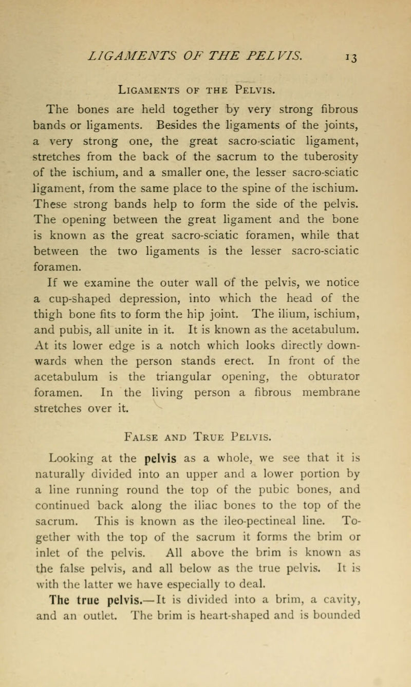 Ligaments of the Pelvis. The bones are held together by very strong fibrous bands or ligaments. Besides the ligaments of the joints, a very strong one, the great sacro-sciatic ligament, stretches from the back of the sacrum to the tuberosity of the ischium, and a smaller one, the lesser sacro-sciatic ligament, from the same place to the spine of the ischium. These strong bands help to form the side of the pelvis. The opening between the great ligament and the bone is known as the great sacro-sciatic foramen, while that between the two ligaments is the lesser sacro-sciatic foramen. If we examine the outer wall of the pelvis, we notice a cup-shaped depression, into which the head of the thigh bone fits to form the hip joint. The ilium, ischium, and pubis, all unite in it. It is known as the acetabulum. At its lower edge is a notch which looks directly down- wards when the person stands erect. In front of the acetabulum is the triangular opening, the obturator foramen. In the living person a fibrous membrane stretches over it. False and True Pelvis. Looking at the pelvis as a whole, we see that it is naturally divided into an upper and a lower portion by a line running round the top of the pubic bones, and continued back along the iliac bones to the top of the sacrum. This is known as the ileo-pectineal line. To- gether with the top of the sacrum it forms the brim or inlet of the pelvis. All above the brim is known as the false pelvis, and all below as the true pelvis. It is with the latter we have especially to deal. The true pelvis.— It is divided into a brim, a cavity, and an outlet. The brim is heart-shaped and is bounded