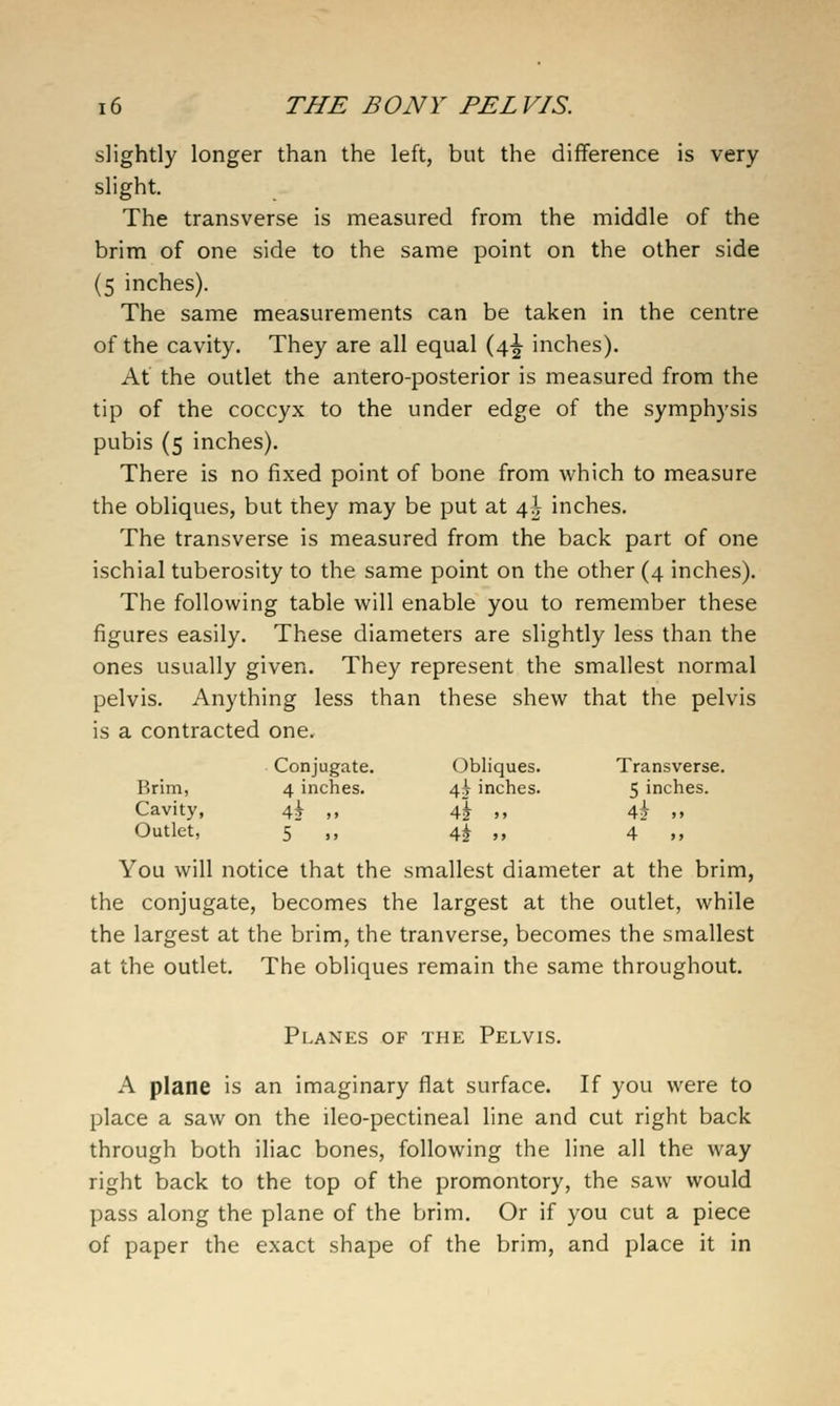slightly longer than the left, but the difference is very slight. The transverse is measured from the middle of the brim of one side to the same point on the other side (5 inches). The same measurements can be taken in the centre of the cavity. They are all equal (4^ inches). At the outlet the antero-posterior is measured from the tip of the coccyx to the under edge of the symphysis pubis (5 inches). There is no fixed point of bone from which to measure the obliques, but they may be put at 4I inches. The transverse is measured from the back part of one ischial tuberosity to the same point on the other (4 inches). The following table will enable you to remember these figures easily. These diameters are slightly less than the ones usually given. They represent the smallest normal pelvis. Anything less than these shew that the pelvis is a contracted one. Brim, Conjugate. 4 inches. Obliques. 4:^ inches. Transverse. 5 inches. Cavity, Outlet, 4i „ 5 .. Ah .. Ak » 4^ „ 4 ,, You will notice that the smallest diameter at the brim, the conjugate, becomes the largest at the outlet, while the largest at the brim, the tranverse, becomes the smallest at the outlet. The obliques remain the same throughout. Planes of the Pelvis. A plane is an imaginary flat surface. If you were to place a saw on the ileo-pectineal line and cut right back through both iliac bones, following the line all the way right back to the top of the promontory, the saw would pass along the plane of the brim. Or if you cut a piece of paper the exact shape of the brim, and place it in