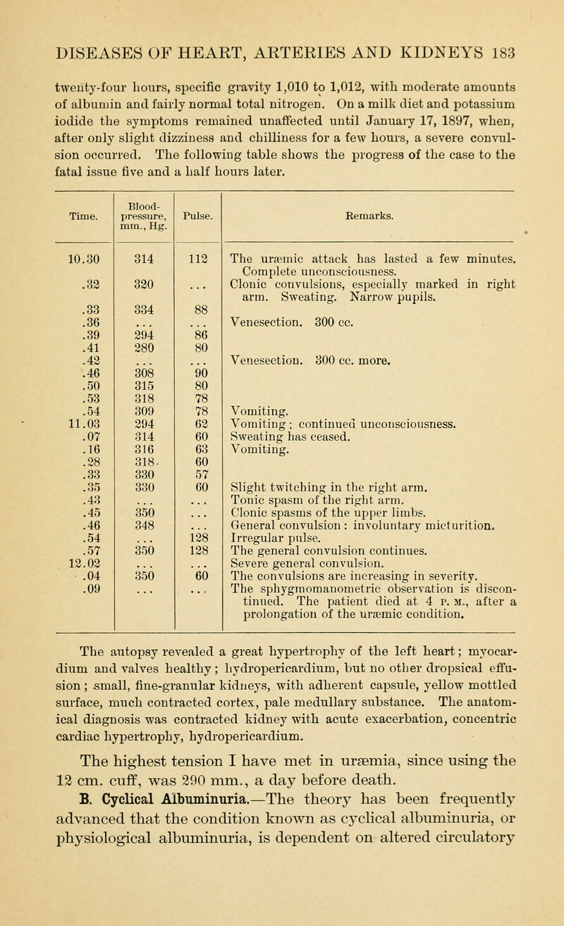 tweuty-four hours, specific gravity 1,010 to 1,012, with moderate amounts of aibuinin and fairly normal total nitrogen. On a milk diet and potassium iodide the symptoms remained unaflfected until January 17, 1897, when, after only slight dizziness and chilliness for a few hours, a severe convul- sion occurred. The following table shows the progress of the case to the fatal issue five and a half hours later. Blood- Time. pressure, mm., Hg. Pulse. Remarks. 10.30 314 112 The ura3inic attack has lasted a few minutes. Complete unconsciousness. .32 320 Clonic convulsions, especially marked in right arm. Sweating. Narrow pupils. .33 334 88 .36 • . . Venesection. 300 cc. .39 294 '86 .41 280 80 .42 Venesection. 300 cc. more. .46 308 '96 .50 315 80 .53 318 78 .54 309 78 Vomiting. 11.03 294 62 Vomiting; continued unconsciousness. .07 314 60 Sweating has ceased. .16 316 63 Vomiting. .28 318- 60 .33 330 57 .35 330 60 Slight twitching in the right arm. .43 Tonic spasm of the right arm. .45 350 Clonic spasms of the upper limbs. .46 348 General convulsion : involuntary micturition. .54 128 Irregular pulse. .57 350 128 The general convulsion continues. 12.02 , , Severe general convulsion. .04 350 60 The convulsions are increasing in severity. .09 The sphygmomanometric observation is discon- tinued. The patient died at 4 p. m., after a prolongation of the ura3mic condition. The autopsy revealed a great hypertrophy of the left heart; myocar- dium and valves healthy; hydropericardium, but no other dropsical effu- sion ; small, fine-granular kidneys, with adherent capsule, yellow mottled surface, much contracted cortex, pale medullary substance. The anatom- ical diagnosis was contracted kidney with acute exacerbation, concentric cardiac hypertrophy, hydropericardium. The highest tension I have met in uraemia, since using the 13 cm. cuff, was 290 mm., a day before death. B. Cyclical Albuminuria.—The theory has been frequently advanced that the condition known as cyclical albuminuria, or physiological albuminuria, is dependent on altered circulatory