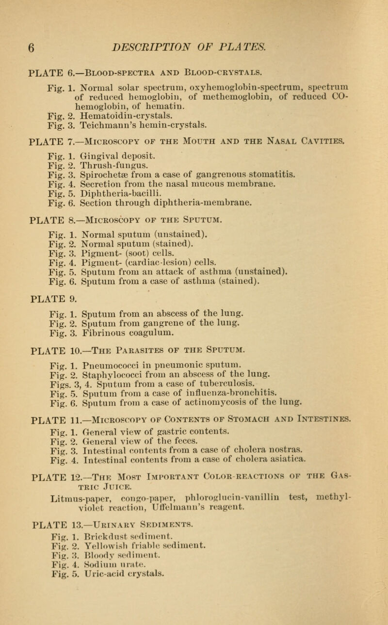 PLATE 6.—Blood-spectka and Blood-crystals. Fig. 1. Normal solar spectrum, oxyhemoglobin-spectrum, specti'um of reduced hemoglobin, of methemoglobin, of reduced CO- hemoglobin, of hematin. Fig. 2. Hematoidiu-crystals. Fig. 3. Teichmann's hemin-crystals. PLATE 7.—Microscopy of the Mouth and the Nasal Cavities. Fig. 1. Gingival deposit. Fig. 2. Thrush-fungus. Fig. 3. Spirochetal from a case of gangrenous stomatitis. Fig. 4. Secretion fi-om the nasal mucous membrane. Fig. 5. Diphtheria-bacilli. Fig. 6. Sectiou through diphtheria-membrane. PLATE a—Microscopy of the Sputum. Fig. 1. Normal sputum (unstained). Fig. 2. Normal sputum (stained). Fig. 3. Pigment- (soot) cells. Fig. 4. Pigment- (cardiac lesion) cells. Fig. 5. Sputum from an attack of asthma (unstained). Fig. 6. Sputum from a case of asthma (stained). PLATE 9. Fig. 1. Sputum from an abscess of the lung. Fig. 2. Sputum from gangrene of the lung. Fig. 3. Fibrinous coagulum. PLATE 10.—The Parasites of the Sputum. Fig. 1. Pneumococci in pneumonic sputum. Fig. 2. Staphylococci from an abscess of the lung. Figs. 3, 4. Sputum from a case of tuberculosis. Fig. 5. Sputum from a case of influenza-bronchitis. Fig. 6. Sputum from a case of actinomycosis of the lung. PLATE 11.—Microscopy op Contents of Stomach and Intestines. Fig. 1. (reneral view of gastric contents. Fig. 2. General view of the feces. Fig. 3. Intestinal contents from a case of cholera nostras. Fig. 4. Intestinal contents from a case of cholera asiatica. PLATE 12.—The Most Important Color-reactions of the Gas- tric Juice. Litraus-paper, congo-paper, phloroglucin-vanillin test, methyl- violet reaction, Uffelmann's reagent. PLATE 1.3.—Urinary Sediments. Fig. 1. Bri(;kdust sediment. Fig. 2. Yellowish friable sediment. Fig. 3. Bloody scdiiiKUit. Fig. 4. Sodium unit(\ Fig. 5. Uric-acid crystals.