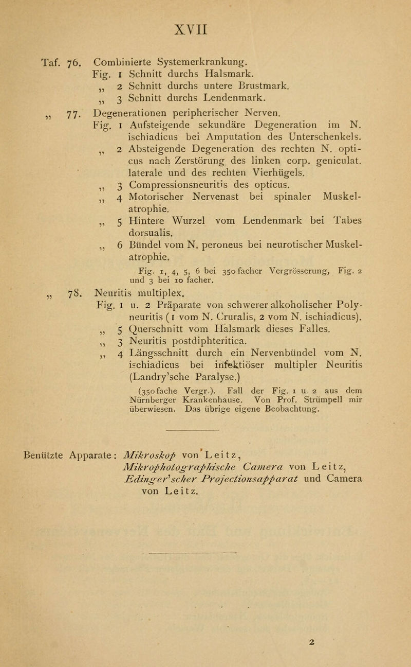 Taf. 76. Combinierte Systemerkrankunj^, Fig. I Schnitt durchs Halsmark. ,, 2 Schnitt durchs untere Brustmark. „ 3 Schnitt durchs Lendenmark. „ 77. Degenerationen peripherischer Nerven. Fig. I Aufsteij^^ende sekundare Degeneration ini N. ischiadicus bei Amputation des Unterschenkels. ,, 2 Absteigende Degeneration des rechten N. opti- cus nach Zerstorung des linken corp. geniculat. laterale und des rechten Vierhiigels. ,, 3 Compressionsneuritis des opticus. ,, 4 Motorischer Nervenast bei spinaler Muskel- atrophie. ,, 5 Hintere Wurzel vom Lendenmark bei Tabes dorsualis. ,, 6 Biindel vom N. peroneus bei neurotischer Muskel- atrophie. Fig-. I, 4, 5, 6 bei 350 facher Vergrosserung, Fig. 2 und 3 bei 10 facher. „ 78. Neuritis multiplex. Fig. 1 u. 2 Praparate von schwerer alkoholischer Poly- neuritis (I vom N. (^ruralis, 2 vom N. ischiadicus). ,, 5 Querschnitt vom Halsmark dieses Falles. ,, 3 Neuritis postdiphteritica. ,, 4 Langsschnitt durch ein Nervenbiindel vom N. ischiadicus bei irifektioser multipler Neuritis (Landry'sche Paralyse.) (35ofache Vergr.). Fall der Fig. 1 u. 2 aus dem NiJrnberger Krankenhause. Von Prof. Striimpell mir iiberwiesen, Das iibrige eigene Beobachtung. Beniitzte Apparate: Mikroshop von Leitz, Mikrophotographische Camera von Leitz, Edinger''seller Projectionsapparat und Camera von Leitz.