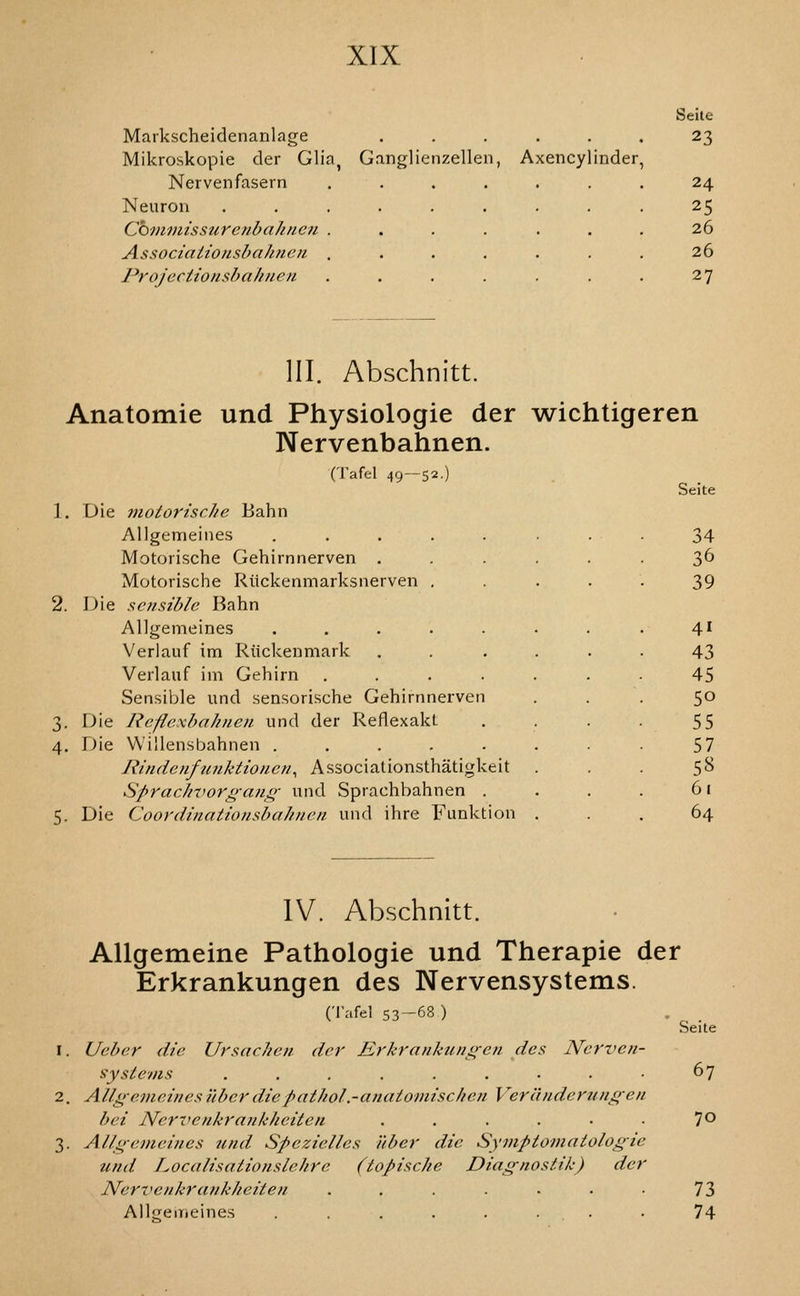 Seile Markscheidenanlage . . 23 Mikroskopie der Glia, Ganglienzellen, Axencylinder Nervenfasern 24 Neuron 25 Cbmmissurenbaknen . 26 Associaiionsbahnen . 26 Projectionshahnen 27 III. Abschnitt. Anatomie und Physiologic der wichtigeren Nervenbahnen. (Tafel 49—52.) 1. Die motoriscJie Bahn Allgemeines ..... Motorische Gehirnnerven . Motorische Rllckenmarksnerven . 2. J)ie sensible Bahn Allgemeines ..... Verlauf im Riickenmark Verlauf im Gehirn .... Sensible und sensorische Gehirnnerven 3. Die Reflexbah7ien und der Reflexakt 4. Die Willensbahnen ..... Jiindenfimktioneri^ Associationsthatigkeit Sprachvorgani^ und Sprachbahnen . 5. Die Coordinationsbahnen und ihre Funktion Seite 34 36 39 41 43 45 50 55 57 58 61 64 IV. Abschnitt. Allgemeine Pathologic und Thcrapic der Erkrankungen des Nervensystcms. (Tafel 53-68) Ueber die Ursachen der Erkrankuniren des Ncrven- systenis ...,....• Allgemeinesuberdiepathol.-anatomischen Veranderimgen bei Neri^enkrank/ieiten ...... Allgemeines und Spezielles uber die Symptomatologie tind Localisalionslehre (topische Diag-nostik) der Nervenkrankheiten ....... Alljiemeine.s ........ Seite 67 70 73 74