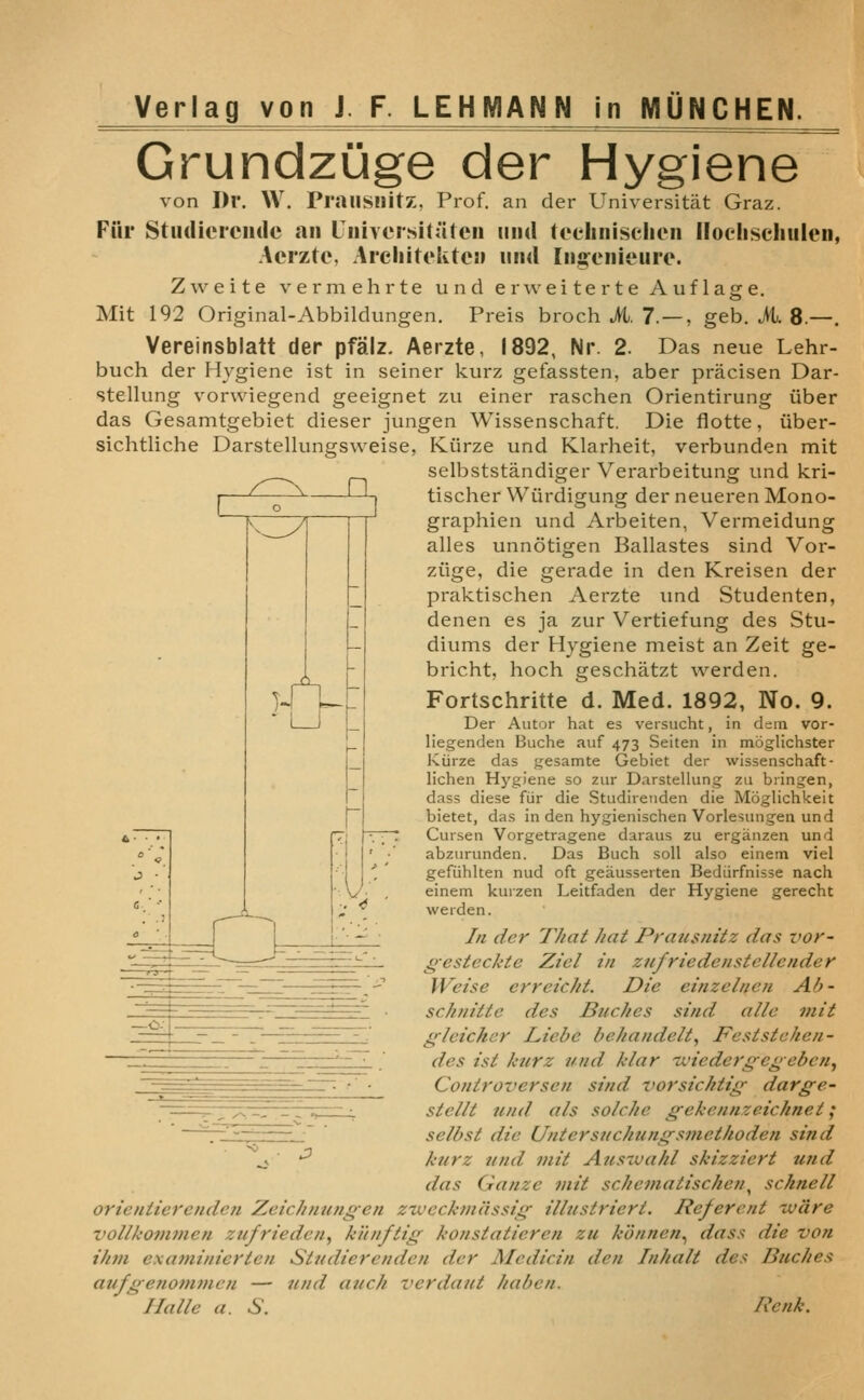 Grundzuge der Hygiene von Dr. W. Praiisnitz. Prof, an der Universitat Graz. Fiir Studicreiidc an LjiiverjsHateii mid teehnisclien Hocliscliulen, Aerzte, Arcliitoktcji iind Iiiseiiieure. Z w e i t e v e r m e h r t e u n d e r w e i t e r t e A u f 1 ag e. Mit 192 Original-Abbildungen. Preis broch M. 7. — , geb. A 8.—. Vereinsblatt der pfalz. Aerzte, 1892, Nr. 2. Das neue Lehr- buch der Hygiene ist in seiner kurz gefassten, aber pracisen Dar- stellung v^orwiegend geeignet zu einer raschen Orientirung iiber das Gesamtgebiet dieser jungen Wissenschaft. Die flotte, iiber- sichtliche Darstellungsweise, Kiirze und Klarheit, verbunden mit selbststandiger Verarbeitung und kri- tischer Wiirdigung der neueren Mono- graphien und Arbeiten, Vermeidung alles unnotigen Ballastes sind Vor- ziige, die gerade in den Kreisen der praktischen Aerzte und Studenten, denen es ja zur Vertiefung des Stu- diums der Hygiene nieist an Zeit ge- bricht, hoch geschatzt werden. Fortschritte d. Med. 1892, No. 9. Der Autor hat es versucht, in d=in vor- liegenden Buche auf 473 Seiten in moglichster JCiirze das gesamte Gebiet der wissenschaft- lichen Hygiene so zur Darstellung zu bringen, dass diese fiir die Studireuden die Moglichkeit bietet, das in den hygienischen Vorlesungen und Cursen Vorgetragene daraus zu erganzen und abzurunden. Das Buch soil also einein viel gefiihlten nud oft geausserten Bediirfnisse nach einem kurzen Leitfaden der Hygiene gerecht werden. In der That hat Prausnitz das vor- gesteckte Zicl in zufriedenstellender Weise erreicht. Die einzelnen Ab- sch/iitte des Buches sind alle mit g-leicher Liebe behandelt^ Feststehen- des ist kurz und Mar tviederi^e^eben^ Controversen sind xwrsichtii^ darge- siellt und als solche ffekennzcichnet; ^^'^~-~—— •  selbst die Untersuchungsmethode?i sind J. '^ knrz und mit Ausivahl skizziert und das Ganze mit schematischcn^ scknell orientierendcn Zeich?iungen zvjcckmdssiif illustriert. Referent ivdre vollkommen zufrieden^ kihiftig konstatieren zu konnen^ dass die von ihm examinierten Siudierenden der Medicin den Inhalt des Bitches aufgejiommen — und auch verdaut haben. Halle a. S. Renk.