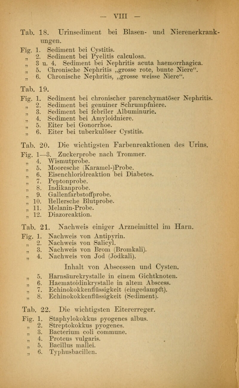 Tab. 18. Urinsediment bei Blasen- und Nierenerkrank- ungen. Fig. 1. Sediment bei Cystitis. ., 2. Sediment bei Pyelitis calculosa. „ 3 u. 4. Sediment bei Nej>hritis acuta haemorrhagica. „ 5. Chronische Nephritis „grosse rote, bunte Niere. „ 6. Chronische Nephritis, „grosse weisse Niere. Tab. 19. Fig. 1. Sediment bei chronischer parenchymatöser Nephritis. „ 2. Sediment bei genuiner Schrumpfniere. „ 3. Sediment bei febriler Albuminurie. „ 4. Sediment bei Amyloidniere. „ 5. Eiter bei Gonorrhoe. „ 6. Eiter bei tuberkulöser Cystitis. Tab. 20. Die wichtigsten Farbenreaktionen des Urins. Fig. 1—3. Zuckerprobe nach Trommer. ,, 4. Wismutprobe. „ 5. Mooresche (Karamel-)Probe. „ 6. Eisenchloridreaktion bei Diabetes. „ 7. Peptonprobe. „ 8. Indikanprobe. „ 9. GallenfarbstorTprobe. .. 10. Hellersche Blutprobe. w 11. Melanin-Probe. ., 12. Diazoreaktion. Tab. 21. Nachweis einiger Arzneimittel im Harn. Fig. 1. Nachweis von Antipyrin. „ 2. Nachweis von Salicyl. „ 3. Nachweis von Brom (Bromkali). ,, 4. Nachweis von Jod (Jodkali). Inhalt von Abscessen und Cysten. „ 5. Harnsäurekrystalle in einem Gichtknoten. „ 6. Haematoidinkrystalle in altem Abscess. „ 7. Echinokokkenflüssigkeit (eingedampft). „ 8. Echinokokkenflüssigkeit (Sediment). Tab. 22. Die wichtigsten Eitererreger. Fig. 1. Staphylokokkus pyogenes albus. ., 2. Streptokokkus pyogenes. „ 3. Bacterium coli commune. „ 4. Proteus vulgaris. ., 5. Bacillus mallei. ., 6. Typhusbacillen,