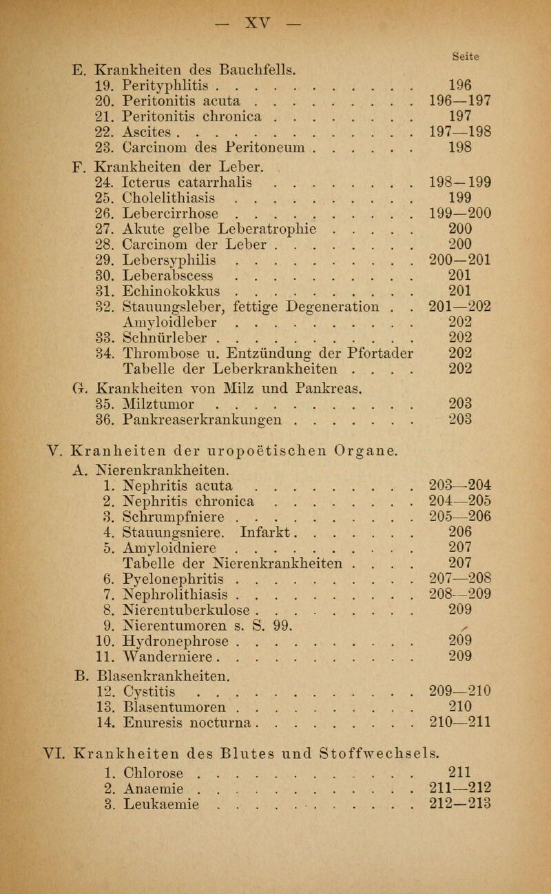 Seite E. Krankheiten des Bauchfells. 19. Perityphlitis 196 20. Peritonitis acuta 196—197 21. Peritonitis chronica 197 22. Ascites 197—198 23. Carcinom des Peritoneum 198 F. Krankheiten der Leber. 24. Icterus catarrhalis 198—199 25. Cholelithiasis 199 26. Lebercirrhose 199—200 27. Akute gelbe Leberatrophie 200 28. Carcinom der Leber 200 29. Lebersyphilis 200—201 30. Leberabscess 201 31. Echinokokkus 201 32. Stauungsleber, fettige Degeneration . . 201—202 Amyloidleber 202 33. Schnürleber 202 34. Thrombose u. Entzündung der Pfortader 202 Tabelle der Leberkrankheiten .... 202 G. Krankheiten von Milz und Pankreas. 35. Milztumor 203 36. Pankreaserkrankungen 203 V. Kranheiten der uropoetischen Organe. A. Nierenkrankheiten. 1. Nephritis acuta 203—204 2. Nephritis chronica 204—205 8. Schrumpfniere 205—206 4. Stauungsniere. Infarkt 206 5. Amyloidniere 207 Tabelle der Nierenkrankheiten .... 207 6. Pyelonephritis 207—208 7. Nephrolithiasis 208—209 8. Nierentuberkulose 209 9. Nierentumoren s. S. 99. / 10. Hydronephrose 209 11. Wanderniere 209 B. Blasenkrankheiten. 12. Cystitis 209—210 13. Blasentumoren 210 14. Enuresis nocturna 210—211 VI. Krankheiten des Blutes und Stoffwechsels. 1. Chlorose 211 2. Anaemie 211—212 3. Leukaemie ■ 212-213