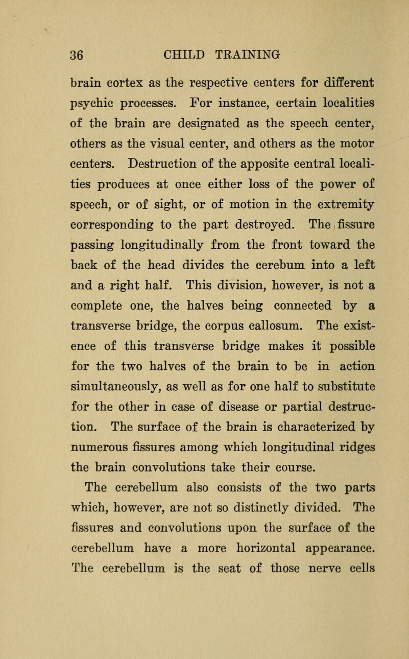 brain cortex as the respective centers for different psychic processes. For instance, certain localities of the brain are designated as the speech center, others as the visual center, and others as the motor centers. Destruction of the apposite central locali- ties produces at once either loss of the power of speech, or of sight, or of motion in the extremity corresponding to the part destroyed. The fissure passing longitudinally from the front toward the back of the head divides the cerebum into a left and a right half. This division, however, is not a complete one, the halves being connected by a transverse bridge, the corpus callosum. The exist- ence of this transverse bridge makes it possible for the two halves of the brain to be in action simultaneously, as well as for one half to substitute for the other in case of disease or partial destruc- tion. The surface of the brain is characterized by numerous fissures among which longitudinal ridges the brain convolutions take their course. The cerebellum also consists of the two parts which, however, are not so distinctly divided. The fissures and convolutions upon the surface of the cerebellum have a more horizontal appearance. The cerebellum is the seat of those nerve cells