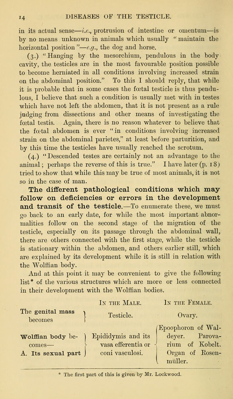in its actual sense—i.e., protrusion of intestine or omentum—is by no means unknown in animals which usually  maintain the horizontal position —e.g., the dog and horse. (3.) Hanging by the mesorchium, pendulous in the body cavity, the testicles are in the most favourable position possible to become herniated in all conditions involving increased strain on the abdominal position. To this I should reply, that while it is probable that in some cases the foetal testicle is thus pendu- lous, I believe that such a condition is usually met with in testes which have not left the abdomen, that it is not present as a rule judging from dissections and other means of investigating the foetal testis. Again, there is no reason whatever to believe that the foetal abdomen is ever in conditions involving increased strain on the abdominal parietes, at least before parturition, and by this time the testicles have usually reached the scrotum. (4.) Descended testes are certainly not an advantage to the animal; perhaps the reverse of this is true. I have later (p. 18) tried to show that while this may be true of most animals, it is not so in the case of man. The diJBEerent pathological conditions -which may foUo-w on deficiencies or errors in the development and transit of the testicle,—To enumerate these, we must go back to an early date, for while the most important abnor- malities follow on the second stage of the migration of the testicle, especially on its passage through the abdominal wall, there are others connected with the first stage, while the testicle is stationary within the abdomen, and others earlier still, which are explained by its development while it is still in relation with the Wolffian body. And at this point it may be convenient to give the following list* of the various structures which are more or less connected in their development with the Wolffian bodies. In the Male. In the Female. The genital mass . ^^^^.^^^^ becomes I Epoophoron of Wal- deyer. Parova- rium of Kobelt. Organ of Eosen- m tiller. * The first part of this is given by Mr. Lockwood. Wolflaan body be- ] Epididymis and its comes— y vasa efferentia or A. Its sexual part j coni vasculosi.