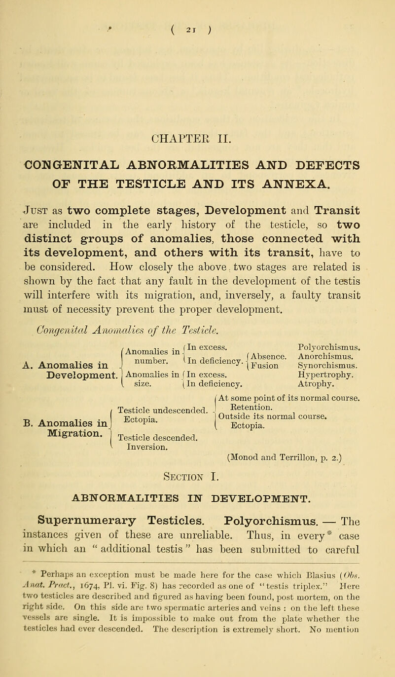 CHAPTEE II. CONGENITAL ABNORMALITIES AND DEFECTS OF THE TESTICLE AND ITS ANNEXA. Just as t-wo complete stages, Development and Transit are included in the early history of the testicle, so two distinct groups of anomalies, those connected Avith its development, and others -with its transit, have to be considered. How closely the above; two stages are related is shown by the fact that any fault in the development of the testis will interfere with its migration, and, inversely, a faulty transit must of necessity prevent the proper development. Congenital Anomalies of the Testicle. , K T . fin excess. Polyorchismus. (Anomalies m J ,., a i,- , I T J c • I Absence. Anorchismus. A. Anomalies in ^^^^'- ^^^ ^^^^^^^^^-j Fusion Synorchismus. Development. Anomalies in f In excess. Hypertrophy. \ size. [in deficiency. Atrophy. /^ At some point of its normal course. / Testicle undescended. J ^ Retention. _ Trf^+r.TMQ Outside its normal course. B. Anomalies in) Ectopia. y Ectopia. Migration. testicle descended. *■ Inversion. (Monod and Terrillon, p. 2.) Section I. ABNORMALITIES IN DEVELOPMENT. Supernumerary Testicles. Polyorchismus. — The instances given of these are unreliable. Thus, in every* case in which an  additional testis has been submitted to careful * Perhaps an exception must be made here for the case which Blasius (Ohn. Anat. Prod., 1674, PI. vi. Fig. 8) has recorded as one of testis triplex. Here two testicles are described and figured as having been found, post mortem, on the right side. On this side arc; two spermatic arteries and veins : on the left these vessels are single. It is impossible to juake out from the jjlate whether the testicles had ever descended. The description is extremely short. No mention