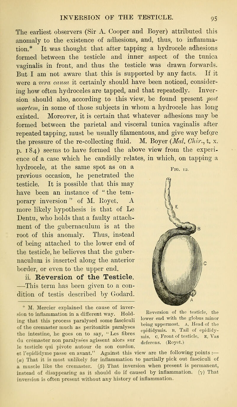 The earliest observers (Sir A. Cooper and Boyer) attributed this anomaly to the existence of adhesions, and, thus, to inflamma- tion.* It was thought that after tapping a hydrocele adhesions formed between the testicle and inner aspect of the tunica vasinalis in front, and thus the testicle was drawn forwards. But I am not aware that this is supported by any facts. If it were a mra causa it certainly should have been noticed, consider- ing how often hydroceles are tapped, and that repeatedly. Inver- sion should also, according to this view, be found present post mortem, in some of those subjects in whom a hydrocele has long existed. Moreover, it is certain that whatever adhesions may be formed between the parietal and visceral tunica vaginalis after repeated tapping, must be usually filamentous, and give way before the pressure of the re-collecting fluid. M. Boyer {Mai. Chir., t. x. p. 184) seems to have formed the above view from the experi- ence of a case which he candidly relates, in which, on tapping a hydrocele, at the same spot as on a previous occasion, he penetrated the testicle. It is possible that this may have been an instance of  the tem- porary inversion  of M. Eoyet. A more likely hypothesis is that of Le Dentu, who holds that a faulty attach- ment of the gubernaculum is at the root of this anomaly. Thus, instead of being attached to the lower end of the testicle, he believes that the guber- naculum is inserted along the anterior border, or even to the upper end. ii. Reversion of the Testicle. —This term has been given to a con- dition of testis described by Godard. Fig. 12. * M. Mercier explained the cause of inver- sion to inflammation in a different way. Hold- ing that this process paralysed some fasciculi of the cremaster much as peritonitis paralyses the intestine, he goes on to say,  Les fibres du cremaster non paralysees agissent alors sur le testicle qui pivote autour de son cordon, et I'epididyme passe en avant. Against this view are the following points :— (a) That it is most unlikely for inflammation to partially pick out fasciculi of a muscle like the cremaster. (/3) That inversion when present is permanent, instead of disappearing as it should do if caused by inflammation. (7) That inversion is often present without any history of inflammation. Reversion of the testicle, the lower end with the globus minor being uppermost, a, Head of the epididymis. B, Tail of epididy- mis, c, Front of testicle. E, Vas deferens. (Eoyct.)