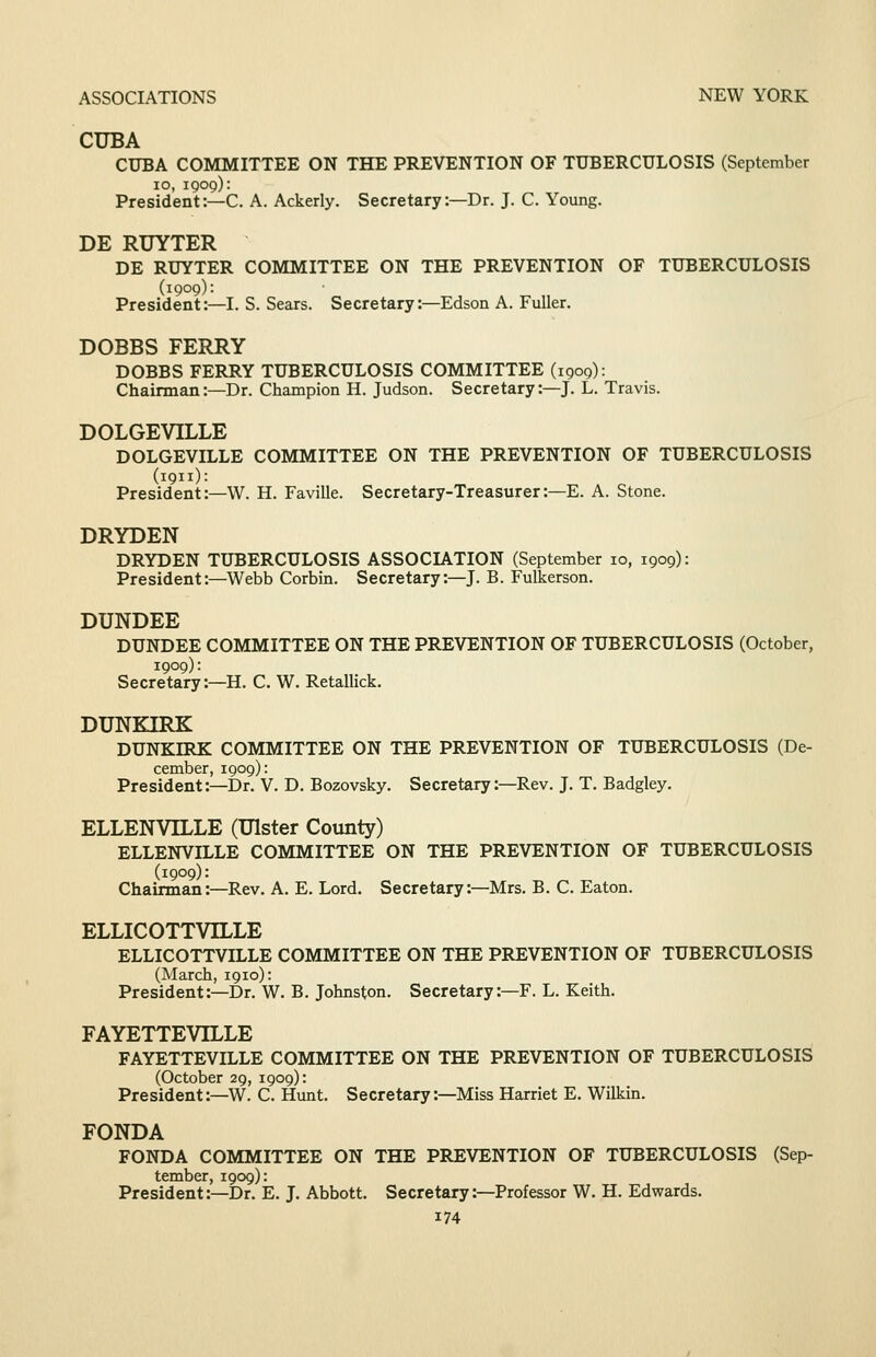 CUBA CUBA COMMITTEE ON THE PREVENTION OF TUBERCULOSIS (September lo, 1909): President:—C. A. Ackerly. Secretary:—Dr. J. C. Young. DE RUYTER DE RUYTER COMMITTEE ON THE PREVENTION OF TUBERCULOSIS (1909): President:—I. S. Sears. Secretary:—Edson A. Fuller. DOBBS FERRY DOBBS FERRY TUBERCULOSIS COMMITTEE (1909): Chairman:—Dr. Champion H. Judson. Secretary:—J. L. Travis. DOLGEVILLE DOLGEVILLE COMMITTEE ON THE PREVENTION OF TUBERCULOSIS (1911): President:—W. H. Faville. Secretary-Treasurer:—E. A. Stone. DRYDEN DRYDEN TUBERCULOSIS ASSOCIATION (September 10, 1909): President:—Webb Corbin. Secretary:—J. B. Fulkerson. DUNDEE DUNDEE COMMITTEE ON THE PREVENTION OF TUBERCULOSIS (October, 1909): Secretary:—H. C. W. Retallick. DUNKIRK DUNKIRK COMMITTEE ON THE PREVENTION OF TUBERCULOSIS (De- cember, 1909): President:—Dr. V. D. Bozovsky. Secretary:—Rev. J. T. Badgley. ELLENVILLE (Ulster County) ELLENVILLE COMMITTEE ON THE PREVENTION OF TUBERCULOSIS (1909): Chairman:—Rev. A. E. Lord. Secretary:—Mrs. B. C. Eaton. ELLICOTTVILLE ELLICOTTVILLE COMMITTEE ON THE PREVENTION OF TUBERCULOSIS (March, 1910): President:—Dr. W. B. Johnston. Secretary:—F. L. Keith. FAYETTEVILLE FAYETTEVILLE COMMITTEE ON THE PREVENTION OF TUBERCULOSIS (October 29, 1909): President:—W. C. Hunt. Secretary:—Miss Harriet E. Wilkin. FONDA FONDA COMMITTEE ON THE PREVENTION OF TUBERCULOSIS (Sep- tember, 1909): President:-Dr. E. J. Abbott. Secretary:—Professor W. H. Edwards.