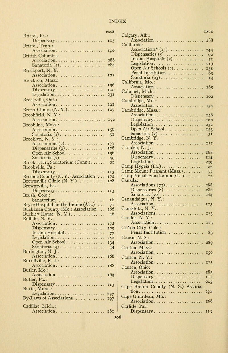 Bristol, Pa.: Dispensary 113 Bristol, Tenn.: Association 190 British Columbia: Association 288 Sanatoria (2) 284 Brockport, N. Y.: Association 172 Brockton, Mass.: Association 156 Dispensary 100 Legislation 231 Brockville, Ont.: Association 291 Bronx Clinics (N. Y.) 107 Brookfield, N. Y.: Association 172 Brookline, Mass.: Association 156 Sanatoria (2) 31 BrookljTi, N. Y.: Associations (2) 177 Dispensaries (9) 108 Open Air School 136 Sanatoria (7) 49 Brook's, Dr., Sanatorium (Conn.) 20 Brookville, Pa.: Dispensary 113 Broome County (N. Y.) Association.... 172 Brownsville Clinic (N. Y.) 108 Bro\\Tisville, Pa.: Dispensary 113 Brush, Colo.: Sanatorium 16 Bryce Hospital for the Insane (Ala.).... 71 Buchanan County (Mo.) Association .. . 166 Buckley House (N. Y.) 46 Buffalo, N.Y.: Association 172 Dispensary 105 Insane Hospital 77 Legislation 242 Open Air School 134 Sanatoria (4) 44 Burlington, N. J.: Association 168 Burrillville, R. I.: Association 188 Butler, Mo.: Association 165 Butler, Pa.: Dispensary 113 Butte, Mont.: Legislation 237 By-Laws of Associations 197 Cadillac, Mich.: Association 160 Calgary, Alb.: Association 288 California: Associations* (15) 143 Dispensaries (5) 92 Insane Hospitals (2) 71 Legislation 219 Open Air Schools (2) 131 Penal Institution 83 Sanatoria (23) 13 California, Mo.: Association 165 Calumet, Mich.: Dispensary 102 Cambridge, Md.: Association 154 Cambridge, Mass.: Association 156 Dispensary 100 Legislation 232 Open Air School 133 Sanatoria (2) 31 Cambridge, N. Y.: Association 172 Camden, N. J.: Association 168 Dispensary 104 Legislation 239 Camp Hygeia (La.) 27 Camp Mount Pleasant (Mass.) ^^ Camp Yonah Sanatorium (Ga.) 22 Canada: Associations (73) 288 Dispensaries (8) 286 Sanatoria (20) 284 Canandaigua, N. Y.: Association 173 Canastota, N. Y.: Associations 173 Candor, N. Y.: Association 173 Canon City, Colo.: Penal Ins titution 83 Canso, N. S.: Association 289 Canton, Mass.: Association 156 Canton, N. Y.: Association 173 Canton, Ohio: Association 183 Dispensary in Legislation 245 Cape Breton County (N. S.) Associa- tion 290 Cape Girardeau, Mo.: Association 166 Carlisle, Pa.: Dispensary 113