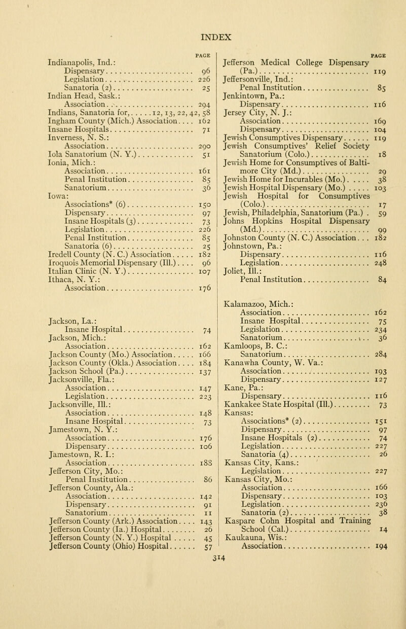 PAGE Indianapolis, Ind.: Dispensary 96 Legislation 226 Sanatoria (2) 25 Indian Head, Sask.: Association. 294 Indians, Sanatoria for, 12,13, 22, 42, 58 Ingham County (Mich.) Association. . . . 162 Insane Hospitals 71 Inverness, N. S.: Association 290 lola Sanatorium (N. Y.) 51 Ionia, Mich.: Association 161 Penal Institution 85 Sanatorium 36 Iowa: Associations* (6) 150 Dispensary 97 Insane Hospitals (3) 73 Legislation 226 Penal Institution 85 Sanatoria (6) 25 Iredell County (N. C.) Association 182 Iroquois Memorial Dispensary (111.).... 96 Italian Clinic (N. Y.) 107 Ithaca, N. Y.: Association 176 Jackson, La.: Insane Hospital 74 Jackson, Mich.: Association 162 Jackson County (Mo.) Association 166 Jackson County (Okla.) Association. ... 184 Jackson School (Pa.) 137 Jacksonville, Fla.: Association 147 Legislation 223 Jacksonville, 111.: Association 148 Insane Hospital 73 Jamestown, N. Y.: Association 176 Dispensary 106 Jamestown, R. I.: Association 188 Jeflferson City, Mo.: Penal Institution 86 Jefferson County, Ala.: Association 142 Dispensary 91 Sanatorium 11 Jefferson County (Ark.) Association.... 143 Jefferson County (la.) Hospital 26 Jefferson County (N. Y.) Hospital 45 Jefferson County (Ohio) Hospital 57 Jefferson Medical College Dispensary (Pa.) 119 Jeffersonville, Ind.: Penal Institution 85 Jenkintown, Pa.: Dispensary 116 Jersey City, N. J.: Association 169 Dispensary 104 Jewish Consumptives Dispensary 119 Jewish Consumptives' Relief Society Sanatorium (Colo.) 18 Jewish Home for Consumptives of Balti- more City (Md.) 29 Jewish Home for Incurables (Mo.) 38 Jewish Hospital Dispensary (Mo.) 103 Jewish Hospital for Consumptives (Colo.) 17 Jewish, Philadelphia, Sanatorium (Pa.) . 59 Jolms Hopkins Hospital Dispensary (Md.) 99 Johnston County (N. C.) Association. . . 182 Johnstown, Pa.: Dispensary 116 Legislation 248 Joliet, 111.: Penal Institution 84 Kalamazoo, Mich.: Association 162 Insane Hospital 75 Legislation 234 Sanatorium •... 36 Kamloops, B. C: Sanatorium 284 Kanawha County, W. Va.: Association 193 Dispensary 127 Kane, Pa.: Dispensary 116 Kankakee State Hospital (111.) 73 Kansas: Associations* (2) 151 Dispensary 97 Insane Hospitals (2) 74 Legislation 227 Sanatoria (4) 26 Kansas City, Kans.: Legislation 227 Kansas City, Mo.: Association 166 Dispensary 103 Legislation 236 Sanatoria (2) 38 Kaspare Cohn Hospital and Training School (Cal.) 14 Kaukauna, Wis.: Association 194