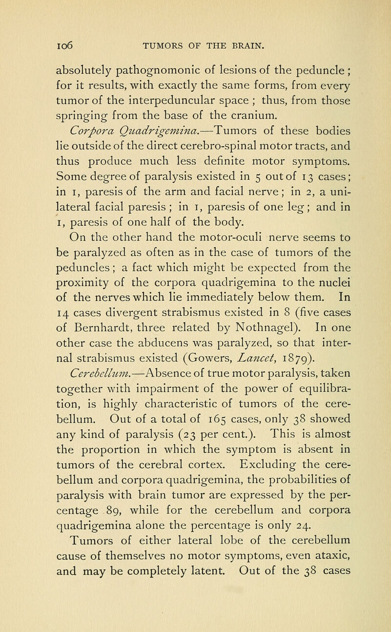 absolutely pathognomonic of lesions of the peduncle ; for it results, with exactly the same forms, from every tumor of the interpeduncular space ; thus, from those springing from the base of the cranium. Corpora Qztadrigemina.—Tumors of these bodies lie outside of the direct cerebro-spinal motor tracts, and thus produce much less definite motor symptoms. Some degree of paralysis existed in 5 out of 13 cases; in 1, paresis of the arm and facial nerve; in 2, a uni- lateral facial paresis ; in 1, paresis of one leg; and in 1, paresis of one half of the body. On the other hand the motor-oculi nerve seems to be paralyzed as often as in the case of tumors of the peduncles; a fact which might be expected from the proximity of the corpora quadrigemina to the nuclei of the nerves which lie immediately below them. In 14 cases divergent strabismus existed in 8 (five cases of Bernhardt, three related by Nothnagel). In one other case the abducens was paralyzed, so that inter- nal strabismus existed (Gowers, Lancet, 1879). Cerebelhnn.—Absence of true motor paralysis, taken together with impairment of the power of equilibra- tion, is highly characteristic of tumors of the cere- bellum. Out of a total of 165 cases, only 38 showed any kind of paralysis (23 per cent). This is almost the proportion in which the symptom is absent in tumors of the cerebral cortex. Excluding the cere- bellum and corpora quadrigemina, the probabilities of paralysis with brain tumor are expressed by the per- centage 89, while for the cerebellum and corpora quadrigemina alone the percentage is only 24. Tumors of either lateral lobe of the cerebellum cause of themselves no motor symptoms, even ataxic, and may be completely latent. Out of the 38 cases