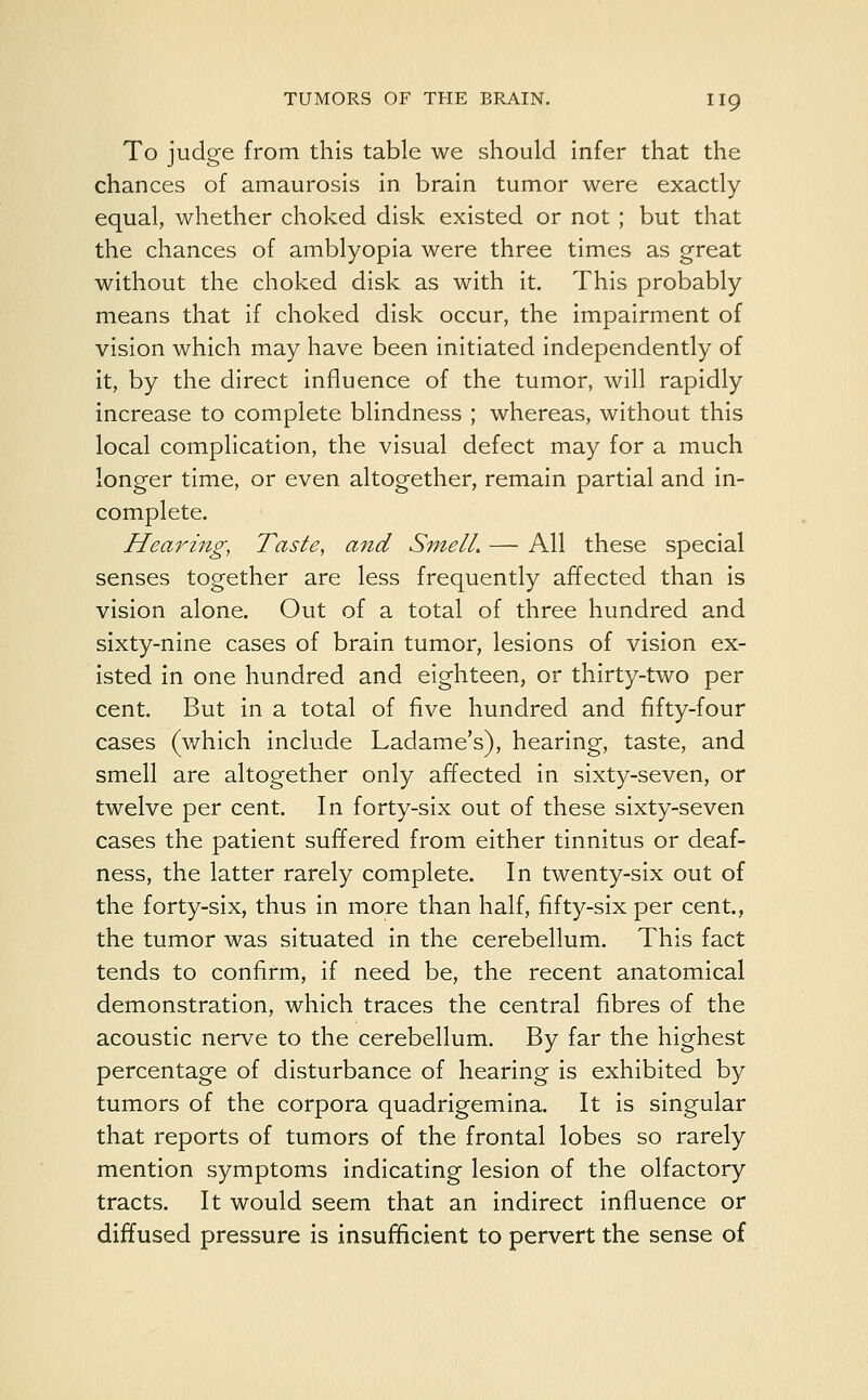 To judge from this table we should infer that the chances of amaurosis in brain tumor were exactly equal, whether choked disk existed or not ; but that the chances of amblyopia were three times as great without the choked disk as with it. This probably means that if choked disk occur, the impairment of vision which may have been initiated independently of it, by the direct influence of the tumor, will rapidly increase to complete blindness ; whereas, without this local complication, the visual defect may for a much longer time, or even altogether, remain partial and in- complete. Hearing, Taste, and Smell. — All these special senses together are less frequently affected than is vision alone. Out of a total of three hundred and sixty-nine cases of brain tumor, lesions of vision ex- isted in one hundred and eighteen, or thirty-two per cent. But in a total of five hundred and fifty-four cases (which include Ladame's), hearing, taste, and smell are altogether only affected in sixty-seven, or twelve per cent. In forty-six out of these sixty-seven cases the patient suffered from either tinnitus or deaf- ness, the latter rarely complete. In twenty-six out of the forty-six, thus in more than half, fifty-six per cent, the tumor was situated in the cerebellum. This fact tends to confirm, if need be, the recent anatomical demonstration, which traces the central fibres of the acoustic nerve to the cerebellum. By far the highest percentage of disturbance of hearing is exhibited by tumors of the corpora quadrigemina. It is singular that reports of tumors of the frontal lobes so rarely mention symptoms indicating lesion of the olfactory tracts. It would seem that an indirect influence or diffused pressure is insufficient to pervert the sense of
