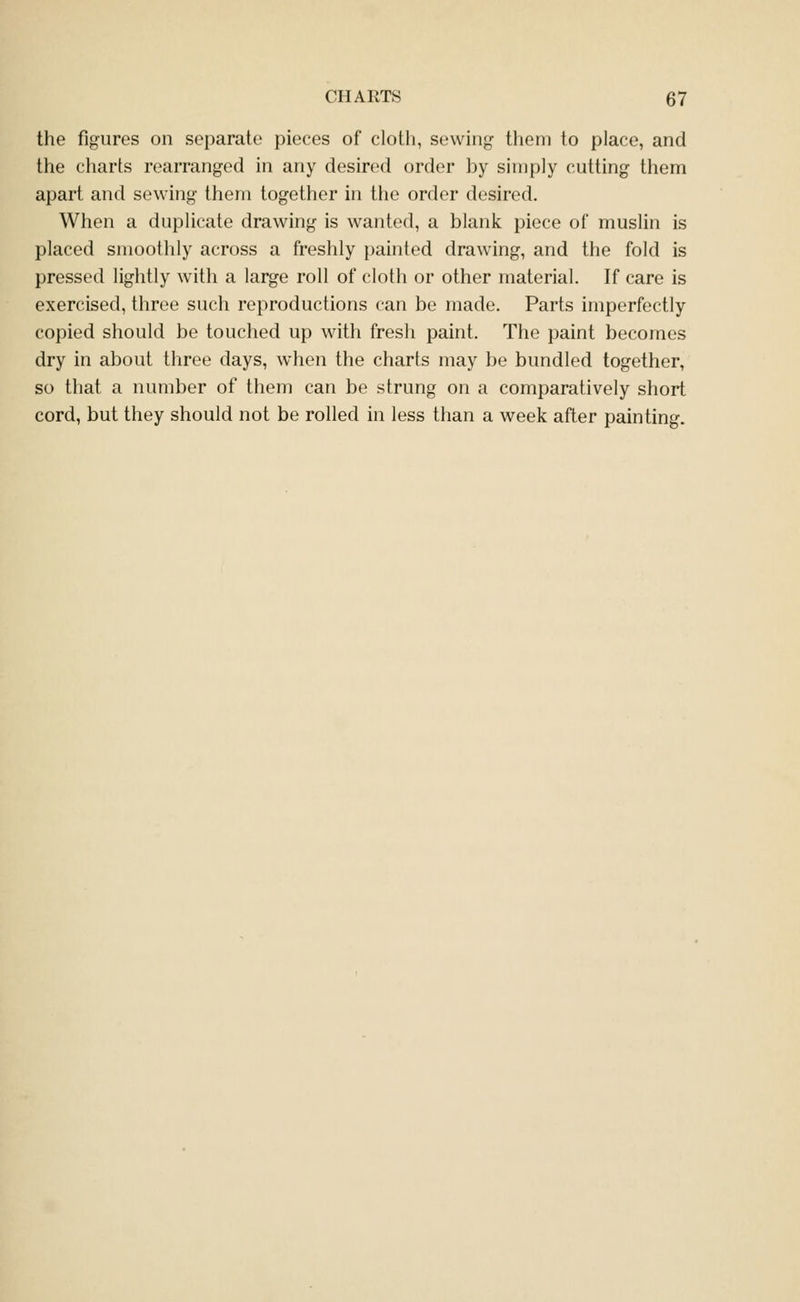 the figures on separate pieces of cloth, sewing them to place, and the charts rearranged in any desired order by simply cutting them apart and sewing them together in the order desired. When a duplicate drawing is wanted, a blank piece of muslin is placed smoothly across a freshly painted drawing, and the fold is pressed lightly with a large roll of cloth or other material. If care is exercised, three such reproductions can be made. Parts imperfectly copied should be touched up with fresh paint. The paint becomes dry in about three days, when the charts may be bundled together, so that a number of them can be strung on a comparatively short cord, but they should not be rolled in less than a week after painting.