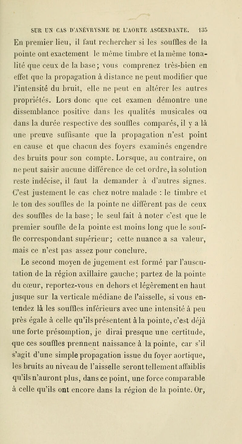 En premier lieu, il faut rechercher si les souffles de la pointe ont exactement le même timbre etlamême tona- lité que ceux de la base; vous comprenez très-bien en effet que la propagation à distance ne peut modifier que l'intensilé du bruit, elle ne peut en altérer les autres propriétés. Lors donc que cet examen démontre une dissemblance positive dans les qualités musicales ou dans la durée respective des souffles comparés, il y a là une preuve suffisante que la propagation n'est point en cause et que chacun des foyers examinés engendre des bruits pour son compte. Lorsque, au contraire, on ne peut saisir aucune différence de cet ordre, la solution reste indécise, il faut la demander à d'autres signes. C'est justement le cas chez notre malade : le timbre et le ton des souffles de la pointe ne diffèrent pas de ceux des souffles de la base; le seul fait à noter c'est que le premier souffle delà pointe est moins long que le souf- fle correspondant supérieur; cette nuance a sa valeur, mais ce n'est pas assez pour conclure. Le second moyen de jugement est formé par l'auscu- tation de la région axillaire gauche; partez de la pointe du cœur, reportez-vous en dehors et légèrement en haut jusque sur la verticale médiane de l'aisselle, si vous en- tendez là les souffles inférieurs avec une intensité à peu près égale à celle qu'ils présentent à la pointe, c'est déjà une forte présomption, je dirai presque une certitude, que ces souffles prennent naissance à la pointe, car s'il s'agit d'une simple propagation issue du foyer aortique, les bruits au niveau de l'aisselle seront tellement affaiblis qu'ils n'auront plus, dans ce point, une force comparable à celle qu'ils ont encore dans la région de la pointe. Or,