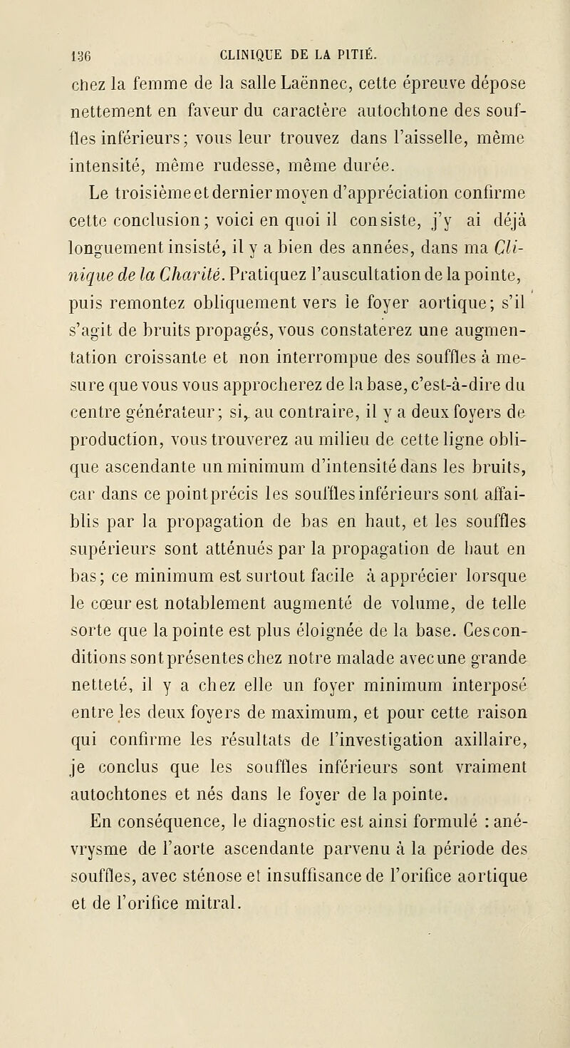 chez la femme de la salle Laënnec, cette épreuve dépose nettement en faveur du caractère autochtone des souf- fles inférieurs ; vous leur trouvez dans l'aisselle, même intensité, même rudesse, même durée. Le troisième et dernier moyen d'appréciation confirme cette conclusion ; voici en quoi il consiste, j'y ai déjà longuement insisté, il y a bien des années, dans ma Cli- nique de la Charité. Pratiquez l'auscultation de la pointe, puis remontez obliquement vers le foyer aortique; s'il s'agit de bruits propagés, vous constaterez une augmen- tation croissante et non interrompue des souffles à me- sure que vous vous approcherez de la base, c'est-à-dire du centre générateur; si,^ au contraire, il y a deux foyers de production, vous trouverez au milieu de cette ligne obli- que ascendante un minimum d'intensité dans les bruits, car dans ce pointprécis les souffles inférieurs sont affai- blis par la propagation de bas en haut, et les souffles supérieurs sont atténués par la propagation de haut en bas; ce minimum est surtout facile à apprécier lorsque le cœur est notablement augmenté de volume, de telle sorte que la pointe est plus éloignée de la base. Ces con- ditions sont présentes chez notre malade avec une grande netteté, il y a chez elle un foyer minimum interposé entre les deux foyers de maximum, et pour cette raison qui confirme les résultats de l'investigation axillaire, je conclus que les souffles inférieurs sont vraiment autochtones et nés dans le foyer de la pointe. En conséquence, le diagnostic est ainsi formulé : ané- vrysme de l'aorte ascendante parvenu à la période des souffles, avec sténose et insuffisance de l'orifice aortique et de l'orifice mitral.