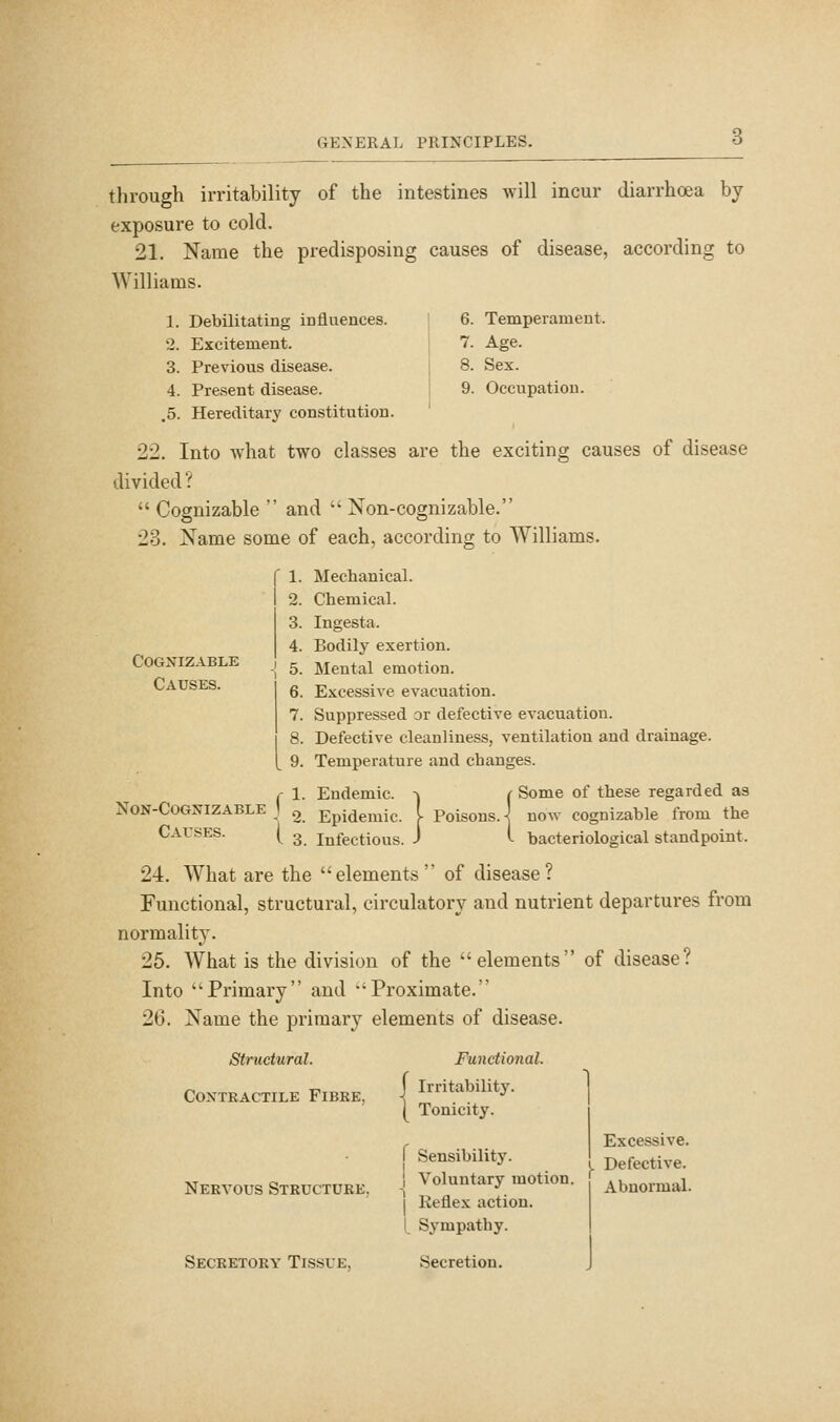 3 through irritability of the intestines will incur diarrhoea by exposure to cold. 21. Name the predisposing causes of disease, according to Williams. 1. Debilitating influences. 2. Excitement. 3. Previous disease. 4. Present disease. .5. Hereditary constitution. 6. Temperament. 7. Age. 8. Sex. 9. Occupation. 22. Into what two classes are the exciting causes of disease divided ?  Cognizable  and  Non-cognizable. 23. Name some of each, according to Williams. f 1. Mechanical. 2. Chemical. 3. Ingesta. 4. Bodily exertion. 5. Mental emotion. 6. Excessive evacuation. 7. Suppressed or defective evacuation. 8. Defective cleanliness, ventilation and drainage. 9. Temperature and changes. 1. Endemic, -j ( Some of these regarded as 2. Epidemic, i Poisons.-j now cognizable from the 3. Infectious. J ^ bacteriological standpoint. Cognizable Causes. non-cognizable Causes. 24. What are the elements of disease? Functional, structural, circulatory and nutrient departures from normality. 25. AVhat is the division of the elements of disease? Into Primary and Proximate. 26. Name the primary elements of disease. Structural. COXTRACTILE FiBEE, Functional. Irritability. Tonicity. r Sensibility. Nervous Structure, \ Voluntary motion. Secretory Tissue, Reflex action. L Sympathy. Secretion, Excessive. Defective. Abnormal.