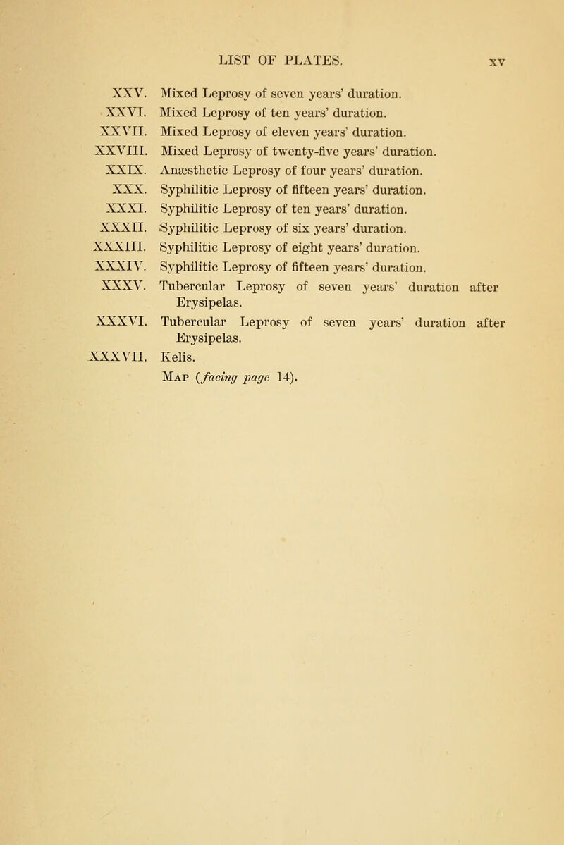 XXV. Mixed Leprosy of seven years' duration. XXVI. Mixed Leprosy of ten years' duration. XXVII. Mixed Leprosy of eleven years' duration. XXVIIL Mixed Leprosy of twenty-five years' duration. XXIX. Anaesthetic Leprosy of four years' duration. XXX. Syphilitic Leprosy of fifteen years' duration. XXXI. Syphilitic Leprosy of ten years' duration. XXXII. Syphilitic Leprosy of six years' duration. XXXIII. Syphilitic Leprosy of eight years' duration. XXXIV. Syphilitic Leprosy of fifteen years' duration. XXXV. Tubercular Leprosy of seven years' duration after Erysipelas. XXXVI. Tubercular Leprosy of seven years' duration after Erysipelas. XXXVII. Kehs. Map {facing page 14).