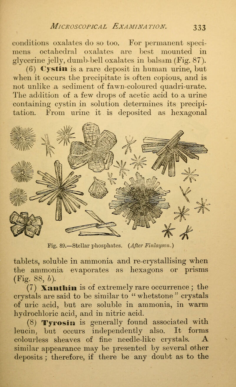 eoiiditioiifs oxalates do so too. For permanent speci- mens octahedral oxalates are best mounted in glycerine jell}, dumb-bell oxalates in balsam (Fig. 87). (6) Cystiii is a rare deposit in human urine, but when it occurs the precipitate is often copious, and is not unlike a sediment of fawn-coloured quadri-urate. The addition of a few drops of acetic acid to a urine containing cystin in solution determines its precipi- tation. From urine it is deposited as hexagonal —stellar phosphates. {After Finlayson.) tablets, soluble in ammonia and re-crystallising when the ammonia evaporates as hexagons or prisms (Fig. 88, b). (7) Xaiitliiii is of extremely rare occurrence ; the crystals are said to be similar to  whetstone  crystals of uric acid, but are soluble in ammonia, in warm hydrochloric acid, and in nitric acid. (8) Tyrosiaa is generally found associated with leucin, but occurs independently also. It forms colourless sheaves of fine needle-like crystals. A similar appearance may be presented by several other deposits ; therefore, if there be any doubt as to the