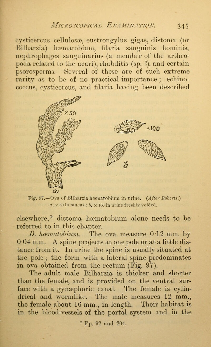 MiCR O SCO PIC A L EXA MINA TION. cysticerciis cellulosse, eustrongjlus gigas, distoma (oi' Bilharzia) lia?matobiuin, filaria sanguinis liominis, nephropliages sanguinarius (a menilDer of the arthro- pod a related to the acari), rhabditis (sp. ?), and certain psorosperms. Several of these are of such extreme rarity as to be of no practical importance ; echino- coccus, cysticercus, and filaria having been described Fig. i^tT.—Ova of Bilharzia haematobium in urine. {After Roberts.) a, X 5i» in mucus ; b, x lOij in urine freshly voided. elsewhere,^ distoma h^matobium alone needs to be referred to in this chapter. D. hcematohium. The ova measure 0*12 mm. by 0'04 mm. A spine projects at one pole or at a little dis- tance from it. In urine the spine is usually situated at the pole; the form with a lateral spine predominates in ova obtained from the rectum (Fig. 97). The adult male Bilharzia is thicker and shorter than the female, and is provided on the ventral sur- face with a gynsephoric canal. The female is cylin- drical and wormlike. The male measures 12 mm., the female about 16 mm., in length. Their habitat is in the blood-vessels of the portal system and in the * Pp. 92 and 204.
