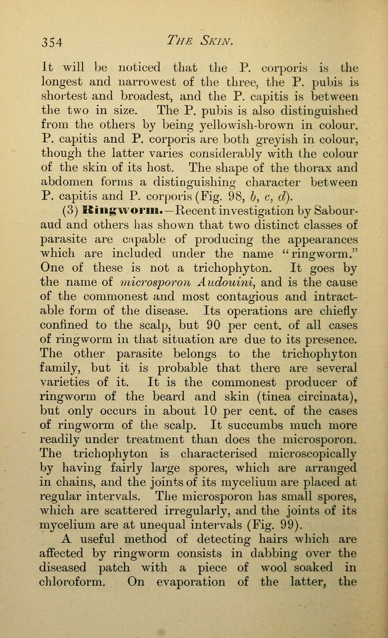 It will be noticed that the P. corporis is the longest and narrowest of the three, the P. pubis is shoj'test and broadest, and the P. capitis is between the two in size. The P. pubis is also distinguished from the others by being yellowish-brown in colour. P. capitis and P. corporis are both greyish in colour, though the latter varies considerably with the colour of the skin of its host. The shape of the thorax and abdomen forms a distinguishing character between P. capitis and P. corporis (Fig. 98, 6, c, d). (3) Ring-worm.—Recent investigation by Sabour- aud and others has shown that two distinct classes of parasite are capable of producing the appearances which are included under the name  ringworm. One of these is not a trichophyton. It goes by the name of imc7'osporon Audouini, and is the cause of the commonest and most contagious and intract- able form of the disease. Its operations are chiefly confined to the scalp, but 90 per cent, of all cases of ringworm in that situation are due to its presence. The other parasite belongs to the trichophyton family, but it is probable that there are several varieties of it. It is the commonest producer of ringworm of the beard and skin (tinea circinata), but only occurs in about 10 per cent, of the cases of ringworm of the scalp. It succumbs much more readily under treatment than does the microsporon. The trichophyton is characterised microscopically by having fairly large spores, which are arranged in chains, and the joints of its mycelium are placed at regular intervals. The microsporon has small spores, which are scattered irregularly, and the joints of its mycelium are at unequal intervals (Fig. 99). A useful method of detecting hairs which are affected by ringworm consists in dabbing over the diseased patch with a piece of wool soaked in chloroform. On evaporation of the latter, the
