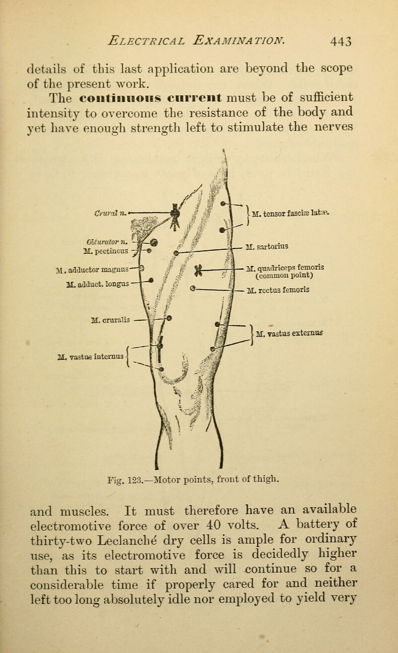 details of this last application are beyond the scope of the j)resent work. The continuous current must be of sufficient intensity to overcome the resistance of the body and yet have enough strength left to stimulate the nerves Crural n. M. arUuctor maguus SI. adduct. longas M, vastus intemus j M. teflsor fasciae lata»- JL sartorins if. quaiiriceps femoris (commou point) IL rectus femoris vastus extemus Fig. 123.—Motor points, front of thigh. and muscles. It must therefore have an available electromotive force of over 40 volts. A battery of thirty-two Leclanche dry cells is ample for ordinary use, as its electromotive force is decidedly higher than this to start with and will continue so for a considerable time if properly cared for and neither left too long absolutely idle nor employed to yield very