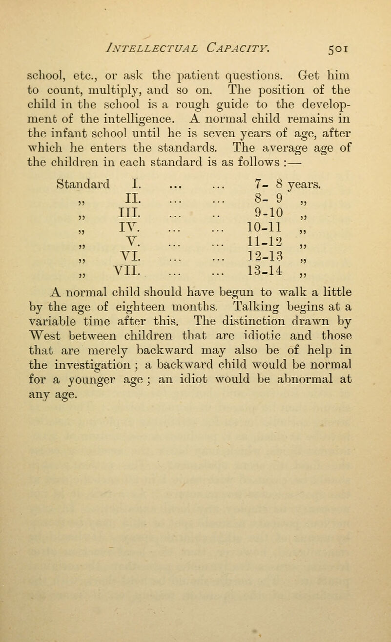 Intellectual Capacity, school, etc., or ask the patient questions. Get him to count, multiply, and so on. The position of the child in the school is a rough guide to the develop- ment of the intelligence. A normal child remains in the infant school until he is seven years of age, after which he enters the standards. The averao^e aije of the children in each standard is as follows :— Standard I. 7-8 years II. 8- 9 „ III. 9-10 „ lY. ... 10-11 „ Y. ... 11-12 „ YI. ... 12-13 „ YII. ... 13-14 „ A normal child should have begun to walk a little by the age of eighteen months. Talking begins at a variable time after this. The distinction drawn by West between children that are idiotic and those that are merely backward may also be of help in the investigation ; a backward child would be normal for a younger age ; an idiot would be abnormal at any age.