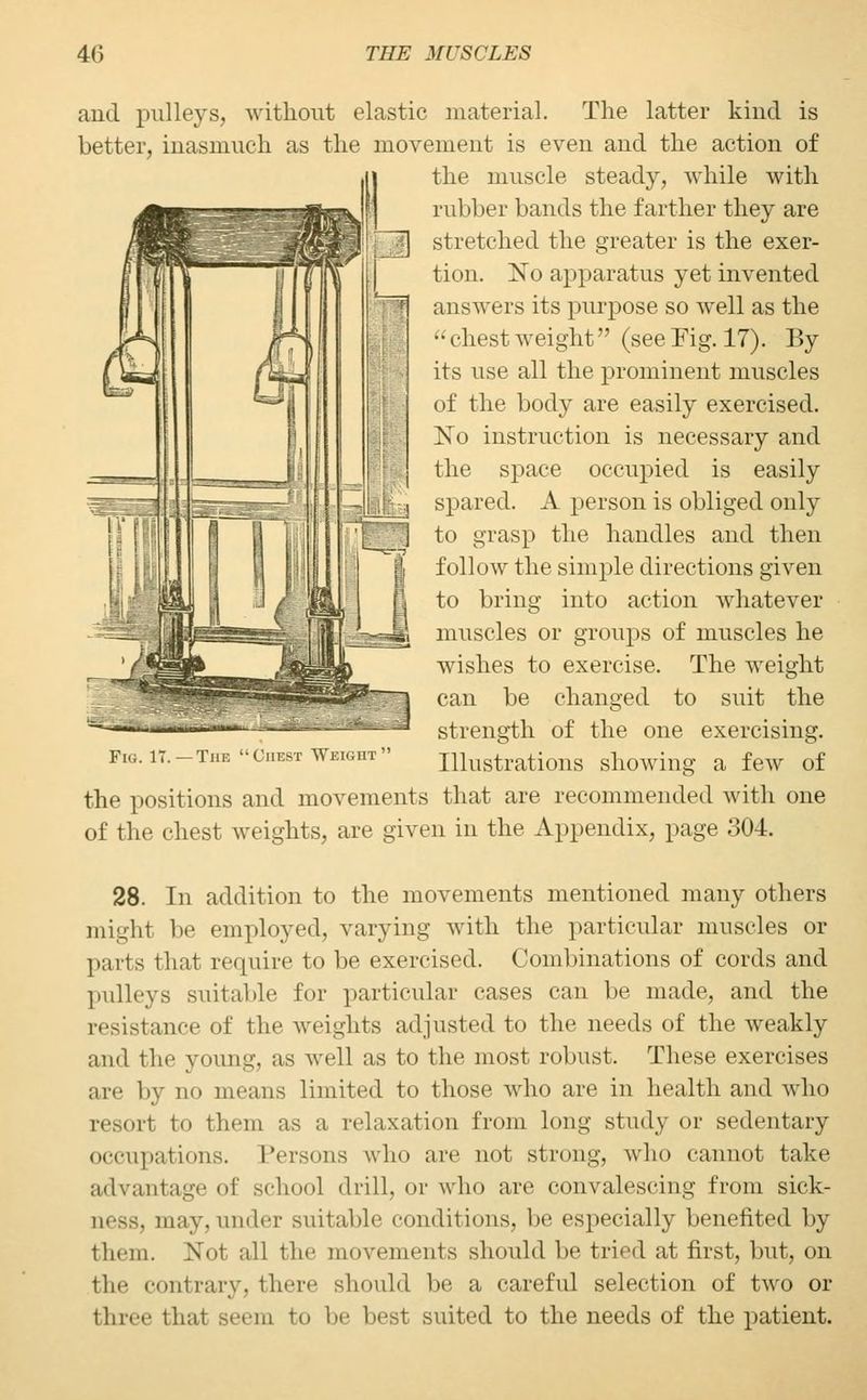 and pulleys, without elastic material. The latter kind is better, inasmuch as the movement is even and the action of the muscle steady, while with rubber bands the farther they are stretched the greater is the exer- tion. No apparatus yet invented answers its purpose so well as the chestweight (see Fig. 17). By its use all the prominent muscles of the body are easily exercised. Xo instruction is necessary and the space occupied is easily spared. A person is obliged only to grasp the handles and then follow the simple directions given to bring into action whatever muscles or groups of muscles he wishes to exercise. The weight can be changed to suit the strength of the one exercising. Illustrations showing a few of the positions and movements that are recommended with one of the chest weights, are given in the Appendix, page 304. 28. In addition to the movements mentioned many others might be employed, varying with the particular muscles or parts that require to be exercised. Combinations of cords and pulleys suitable for particular cases can be made, and the resistance of the weights adjusted to the needs of the Aveakly and the young, as well as to the most robust, These exercises are by no means limited to those who are in health and who resort to them as a relaxation from long study or sedentary occupations. Persons who are not strong, who cannot take advantage of school drill, or who are convalescing from sick- aay, under suitable conditions, be especially benefited by them. Not all the movements should be tried at first, but, on the contrary, there should be a careful selection of two or three thai seem to be best suited to the needs of the patient.